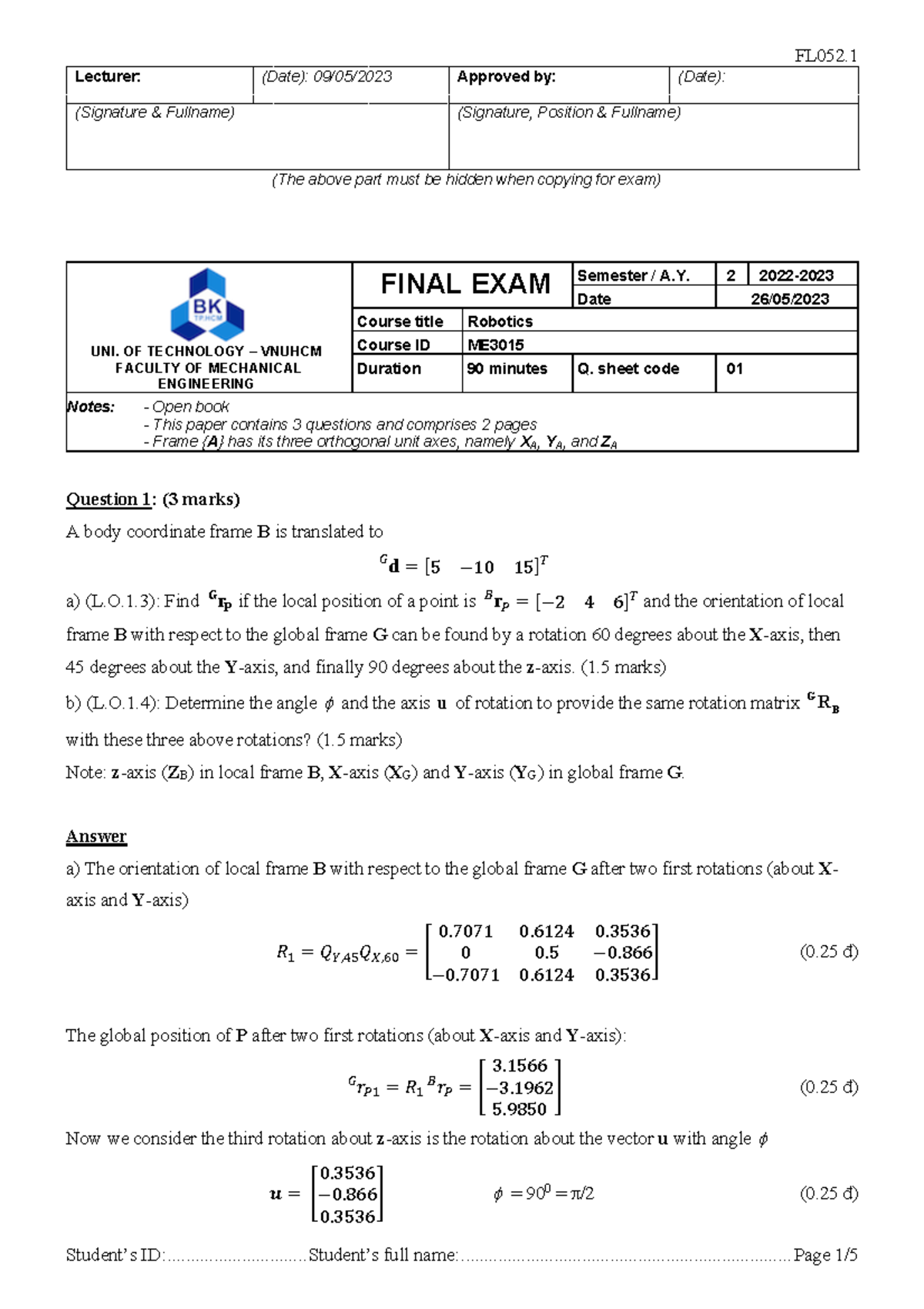 FL052.1 Final Exam Notes: Robotics ME3015 - Semester A.Y. - Studocu
