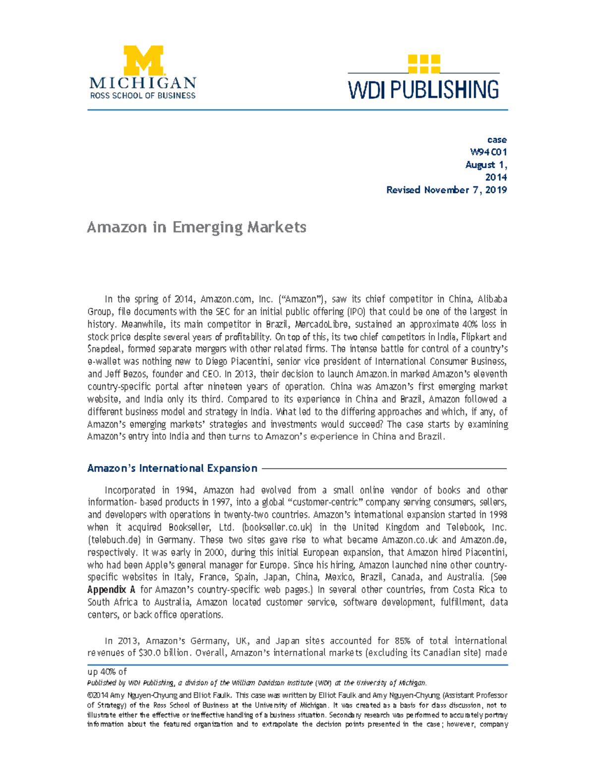 Case Study W94C01: Amazon's Strategies in Emerging Markets - Studocu