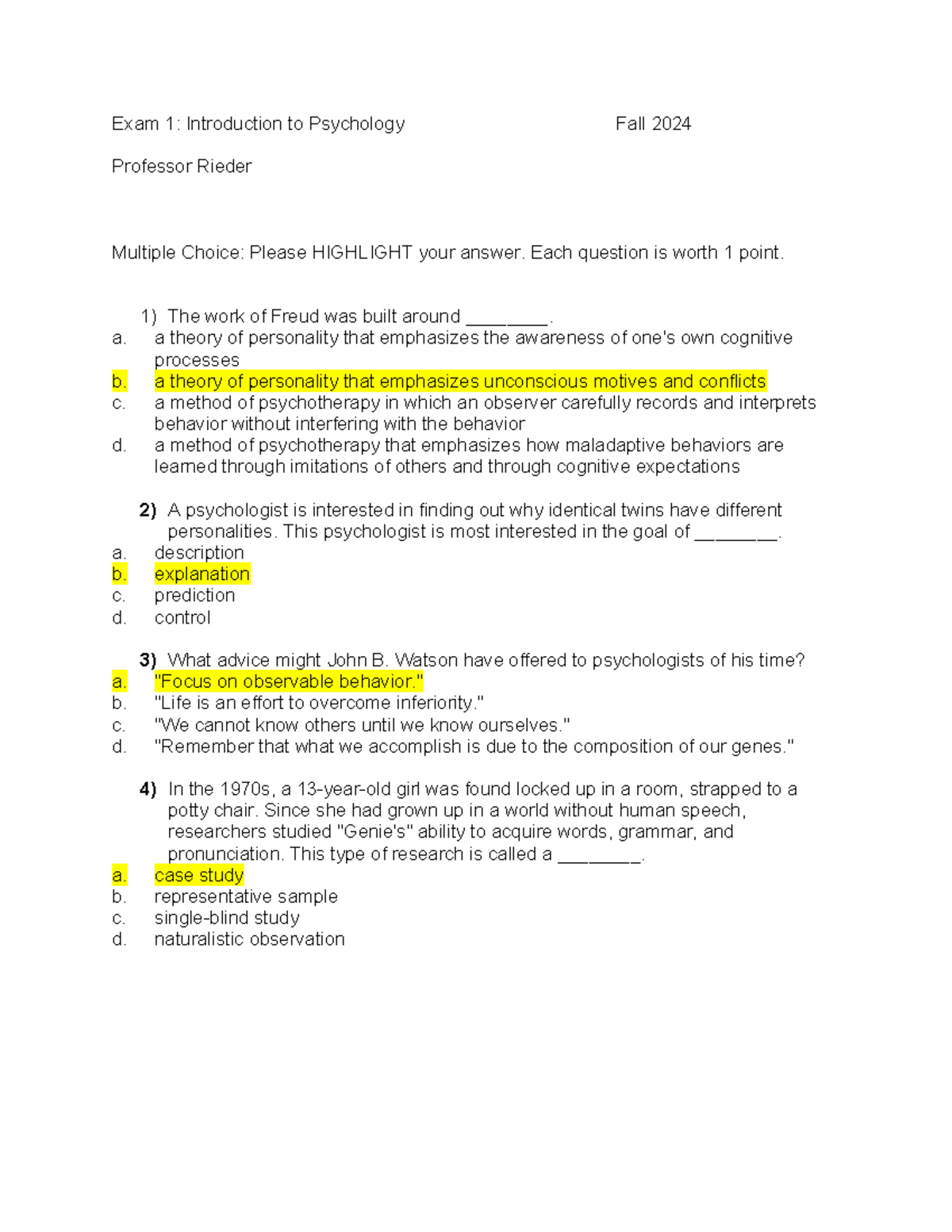 Introtopsyrccfall 24 Exam 1: Psychology Multiple Choice Questions - Studocu