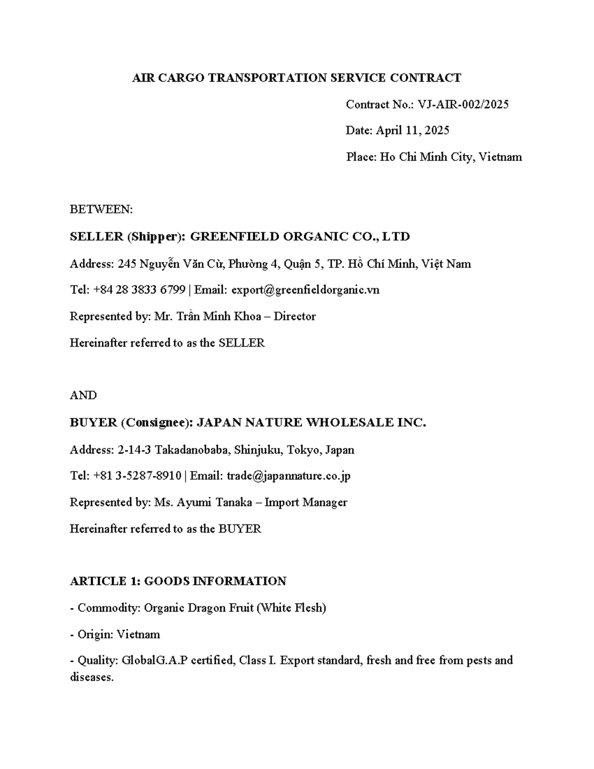 Air cargo transportation service contract - HFIATA - Studocu