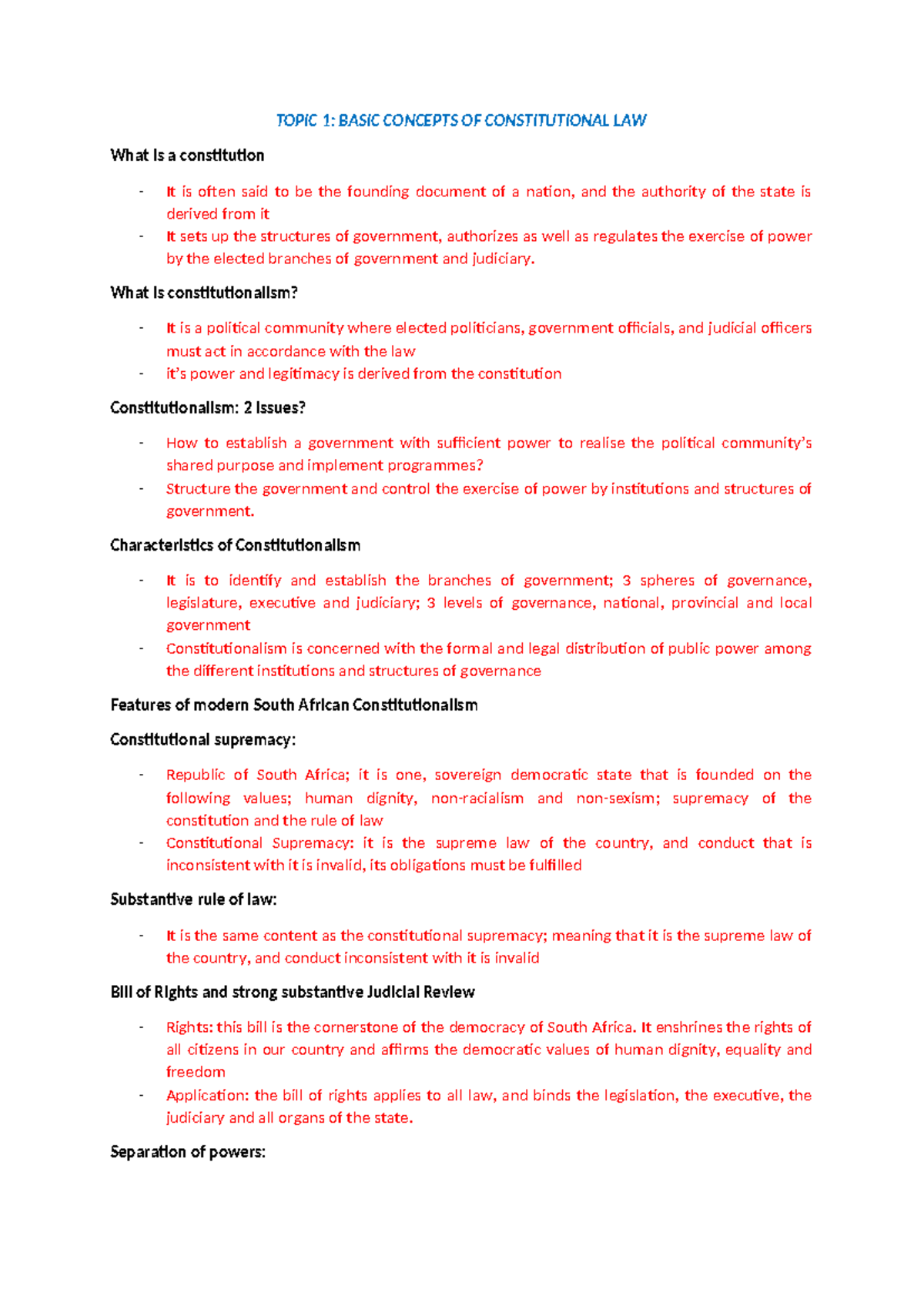 Constitutional Law - Exam Prep: Topics 1 to 4 Overview and Key Concepts ...