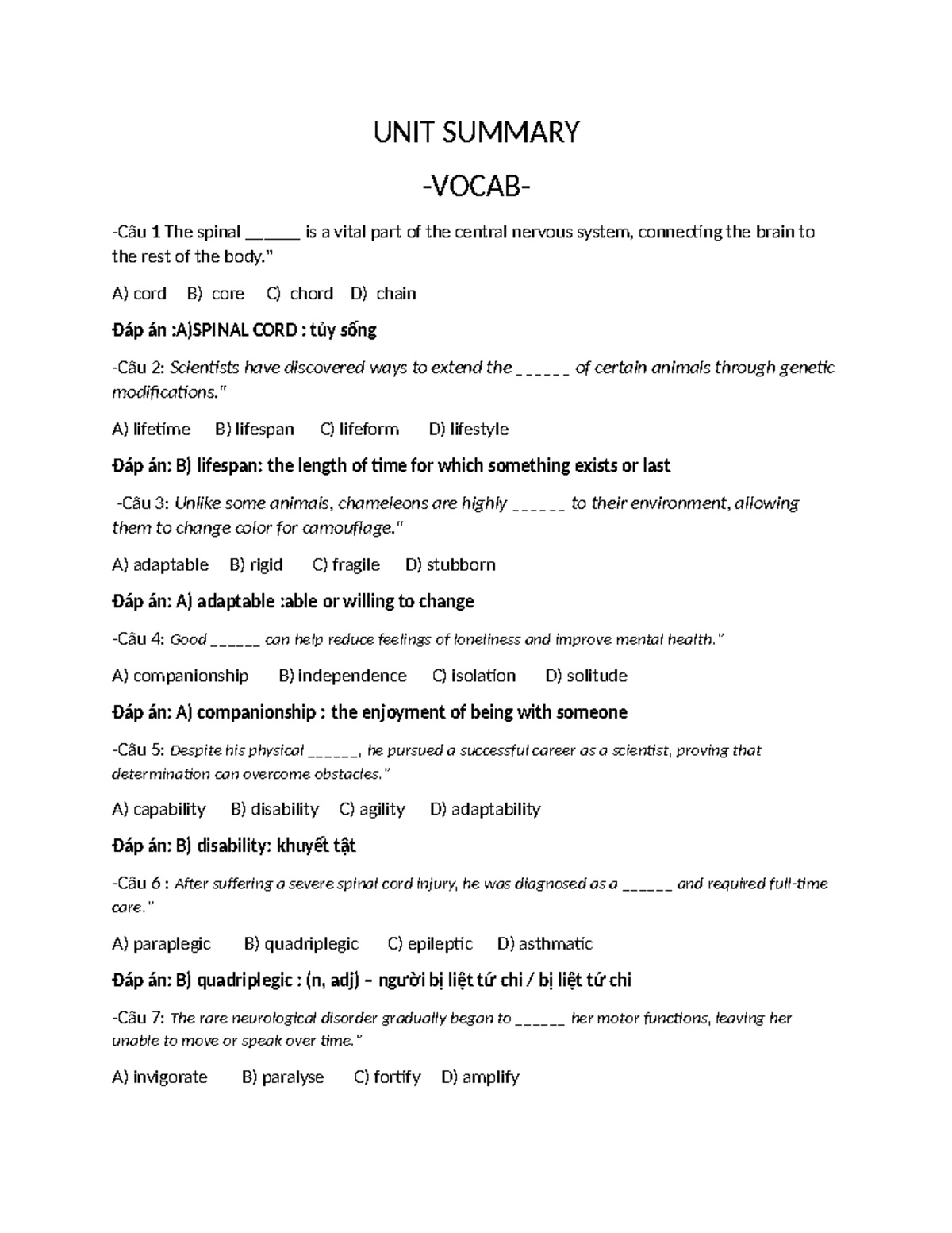 UNIT Summary Vocab: Key Terms and Concepts in Spinal Health and ...