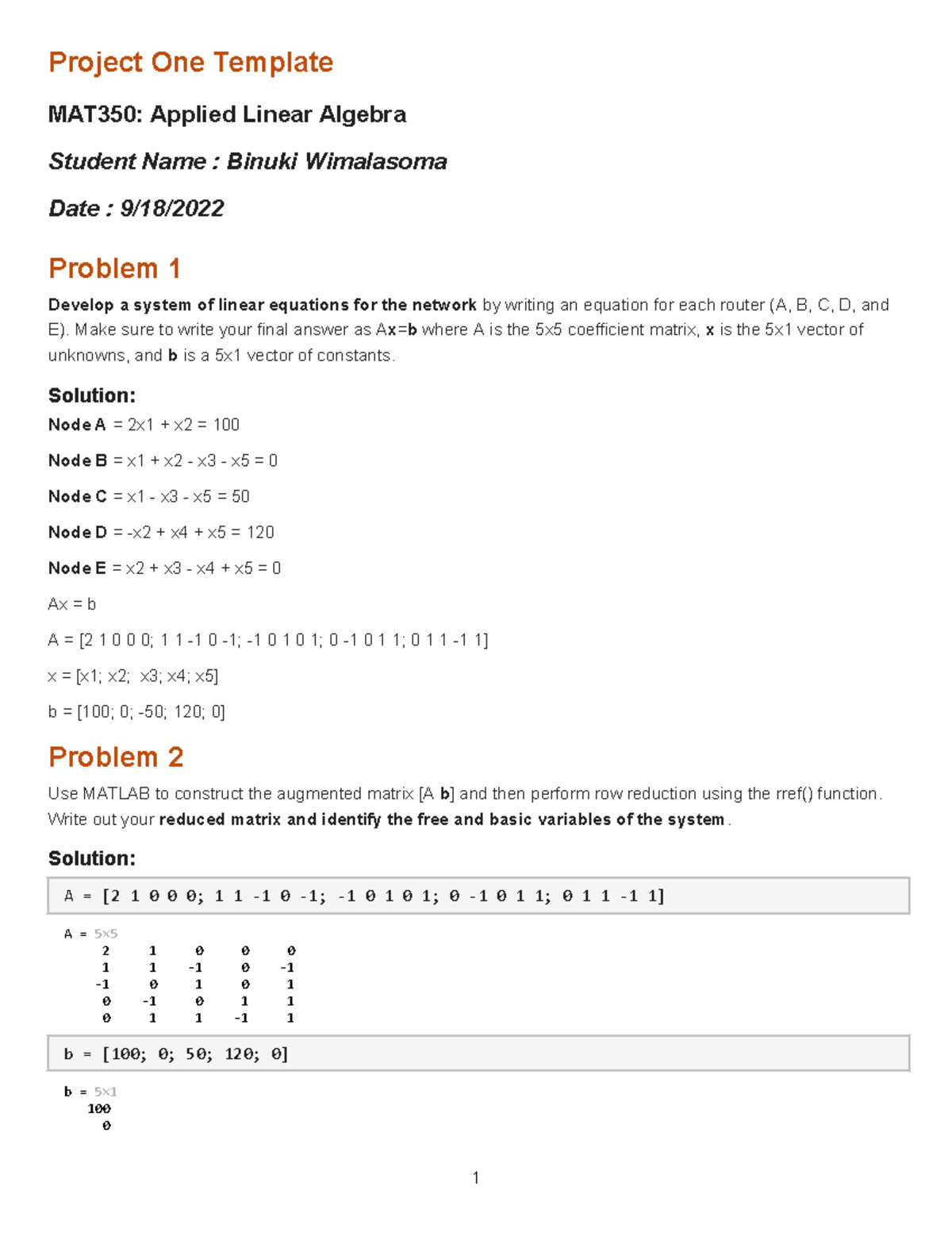 Project 1 Solutions - MAT350: Applied Linear Algebra - Studocu
