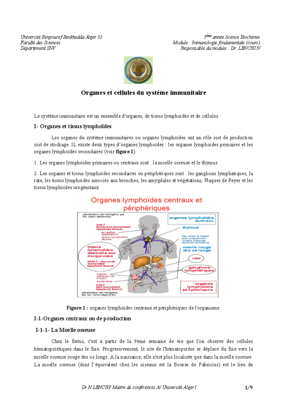 L3 Biochimie - Cours 1: Organes & Cellules du Système Immunitaire - Studocu