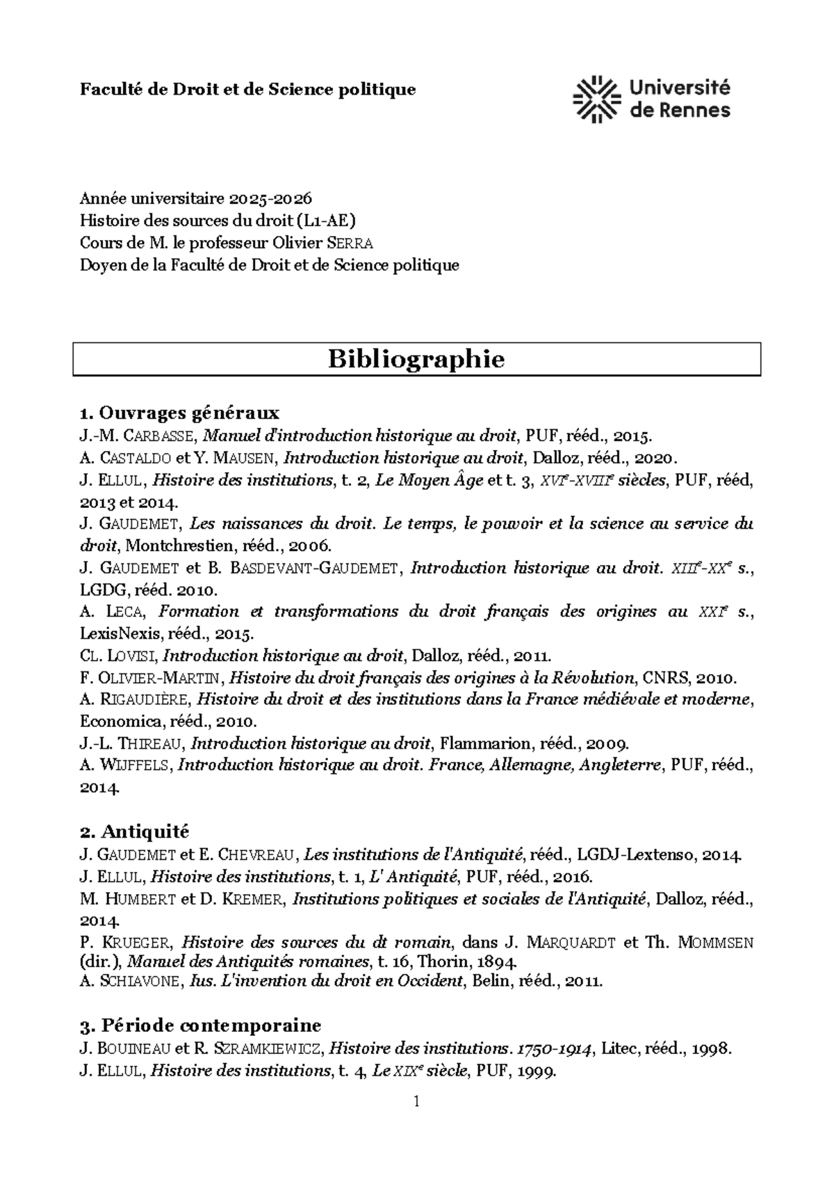 Histoire des Sources du Droit - Plan et Bibliographie (2025-2026) - Studocu
