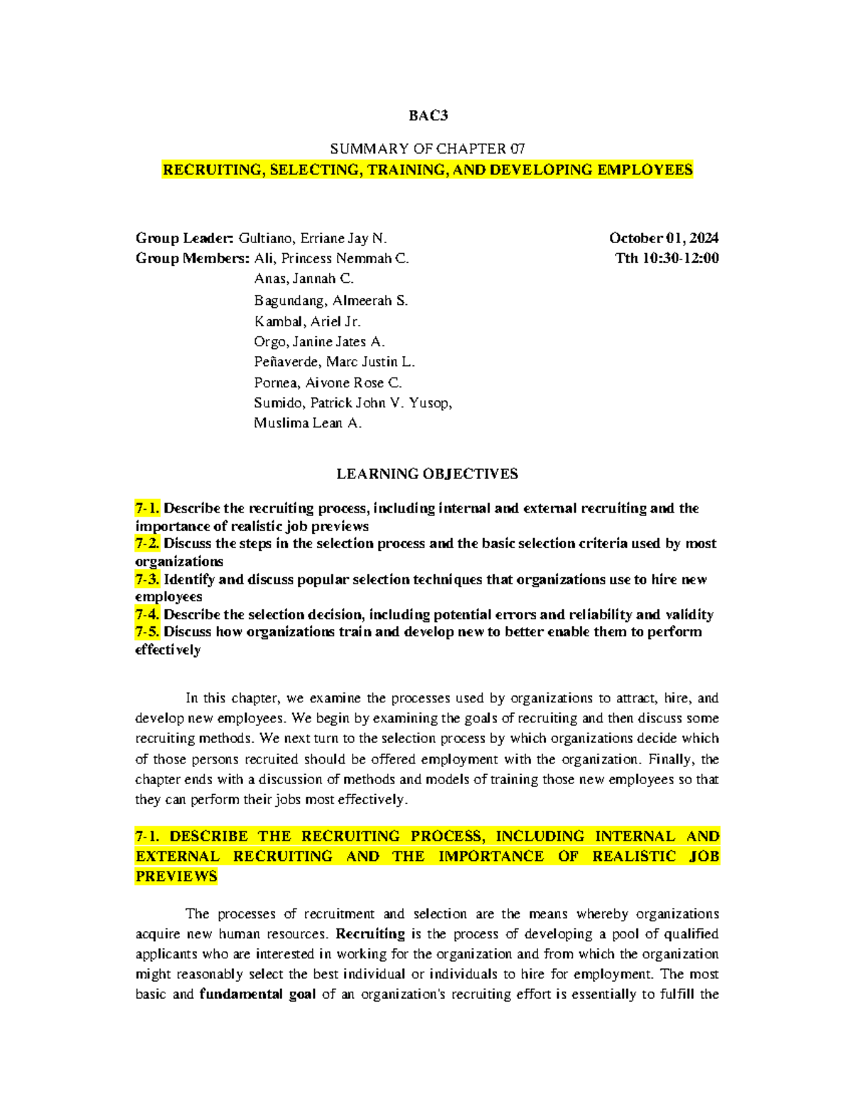 BAC3 Summary of Chapter 07: Recruiting, Selecting, and Training ...