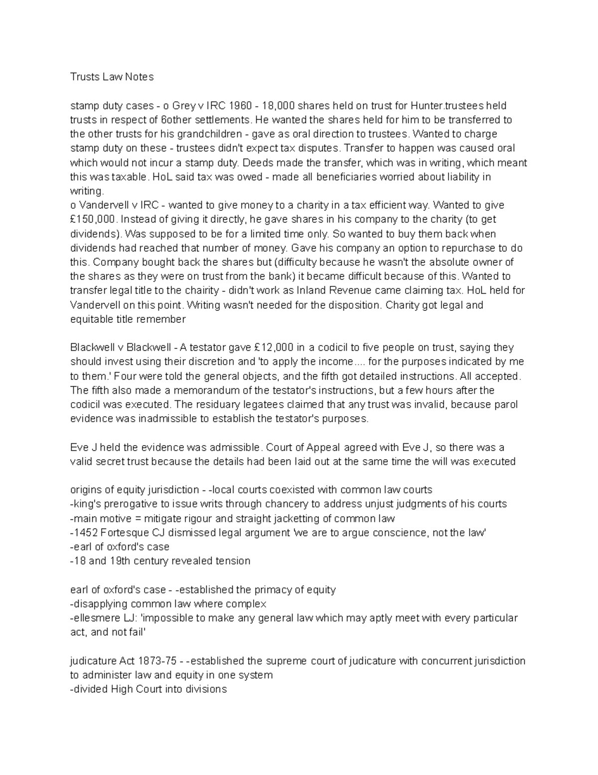 Trusts Law Notes: Key Cases and Principles for Revision - Studocu