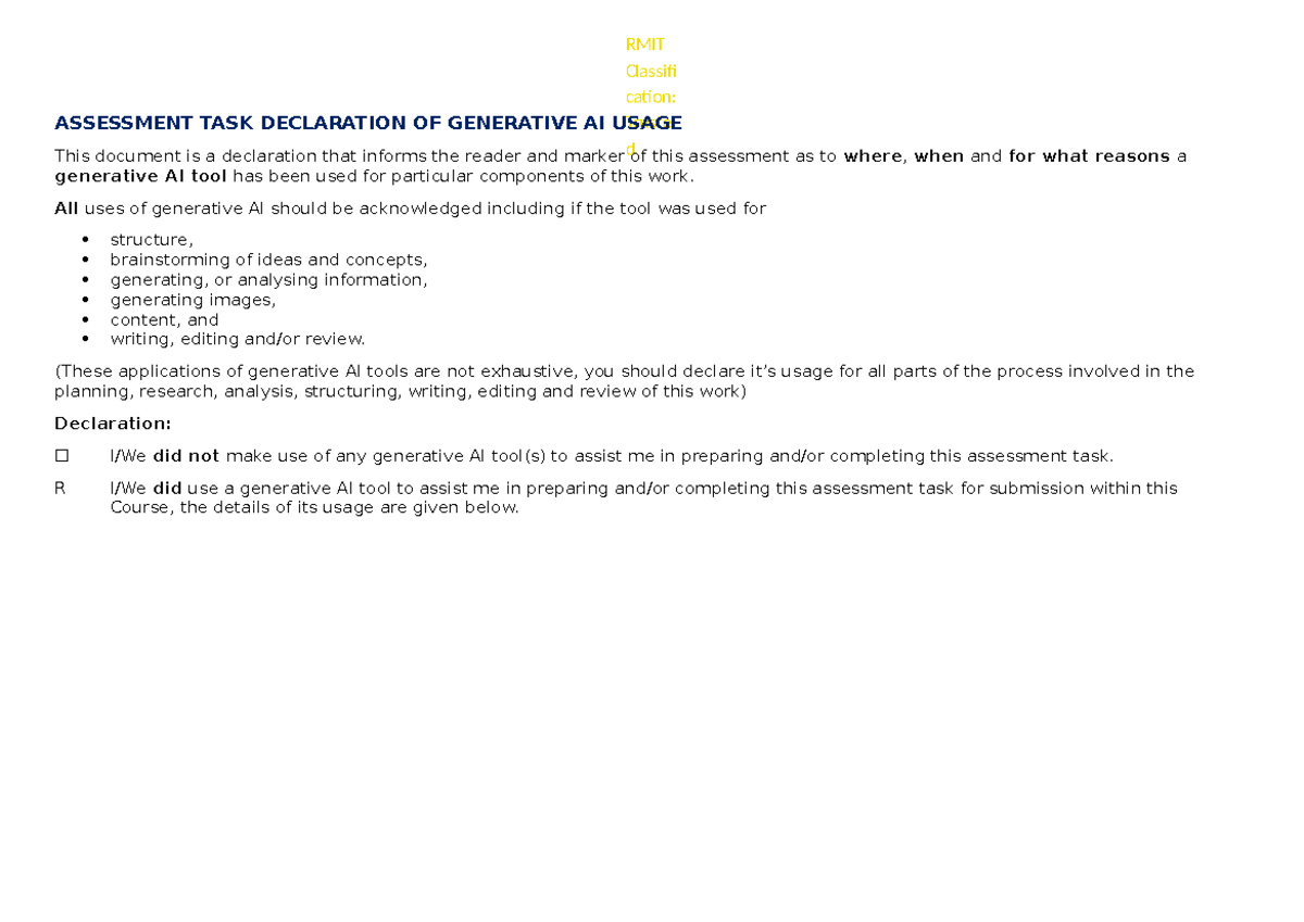 Data Task - Declaration of Generative AI Usage (RMIT Classification ...