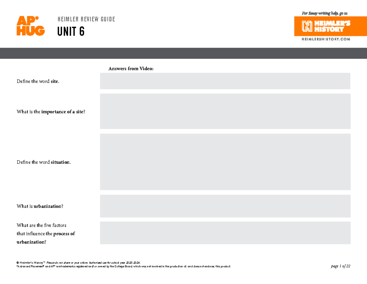 AP HUG HEIMLER REVIEW GUIDE UNIT 6: Urbanization Concepts & Models ...