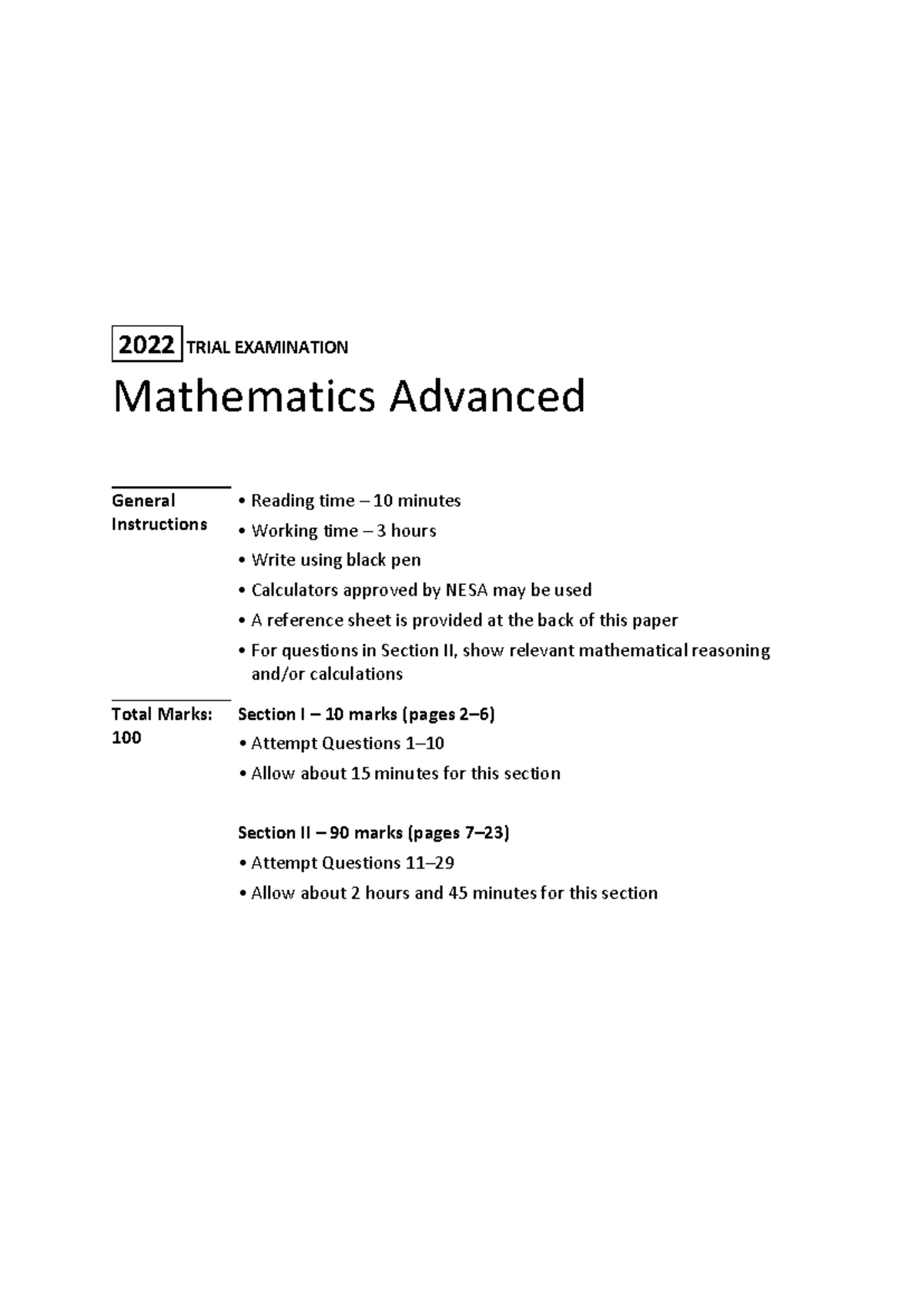 2022 TRIAL EXAM Mathematics Advanced Solutions and Instructions - Studocu
