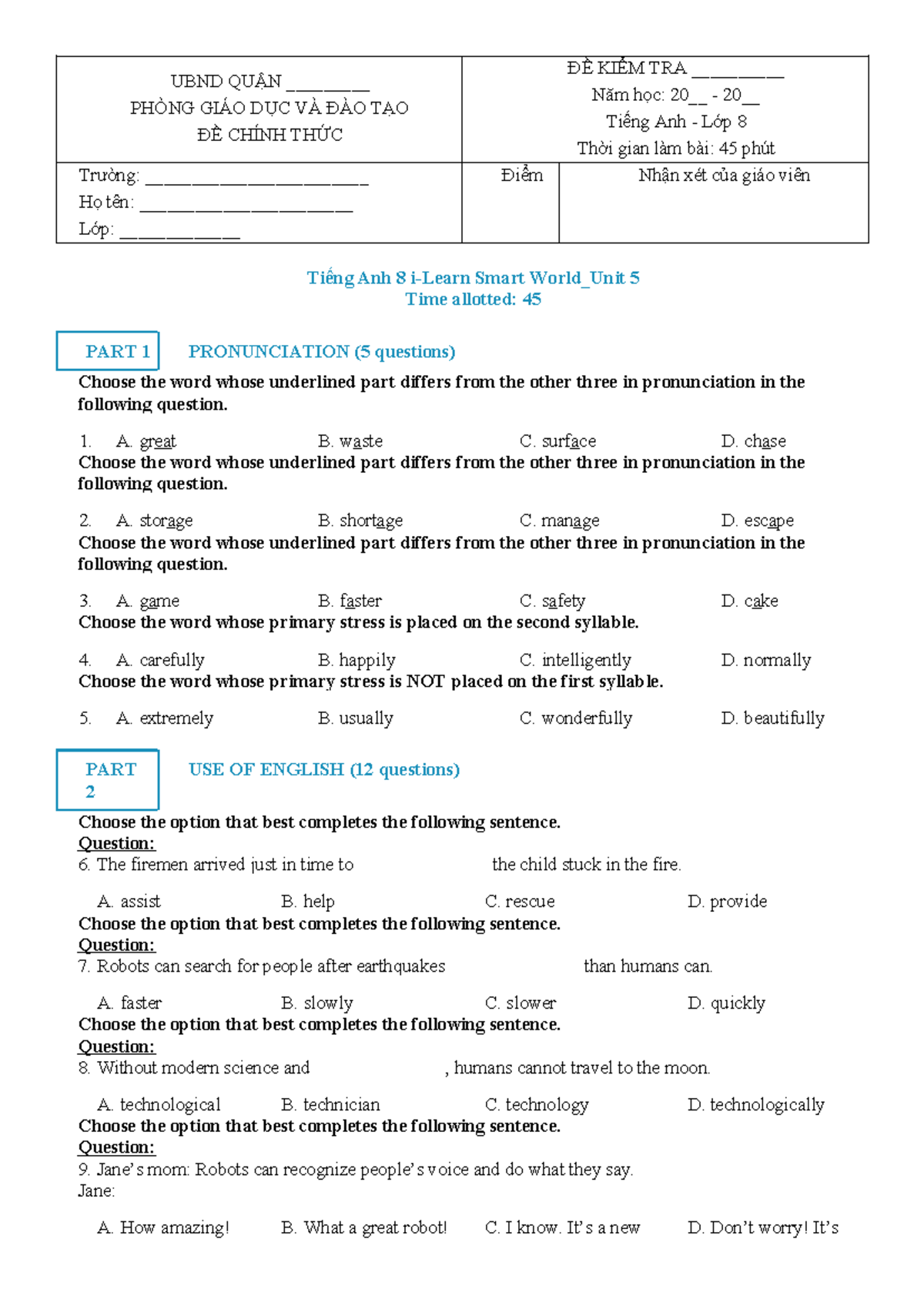 Đề Kiểm Tra Tiếng Anh 8 - i-Learn Smart World Unit 5 - Studocu