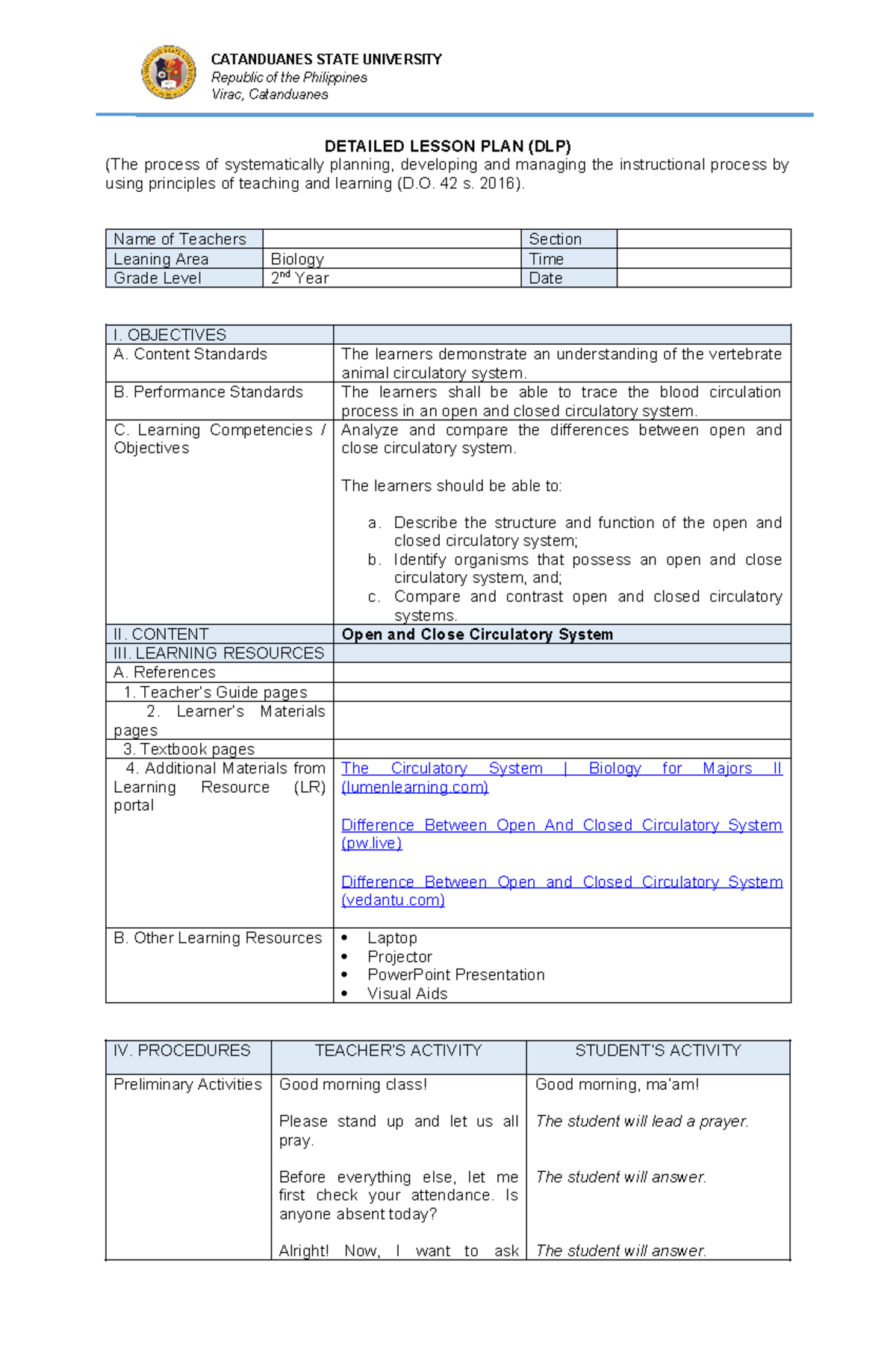 DLP: Detailed Lesson Plan for Circulatory System (Biology 2nd Year ...