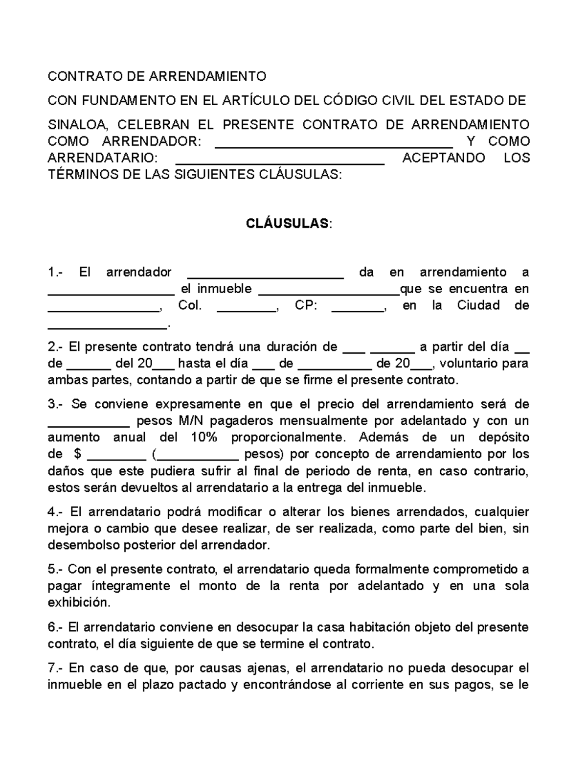 Contrato de Arrendamiento Sencillo en Sinaloa: Cláusulas y Términos - Document Preview