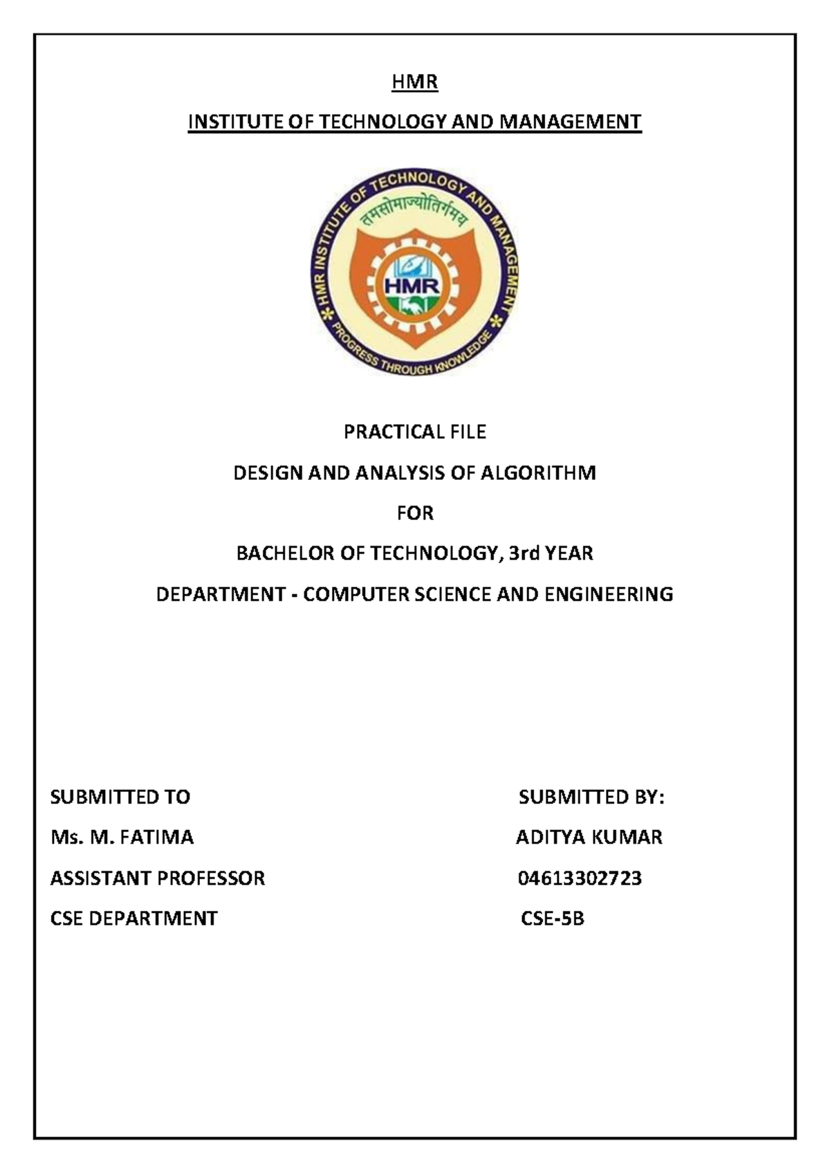 CSE 3rd Year Practical File: Design & Analysis of Algorithms - Studocu