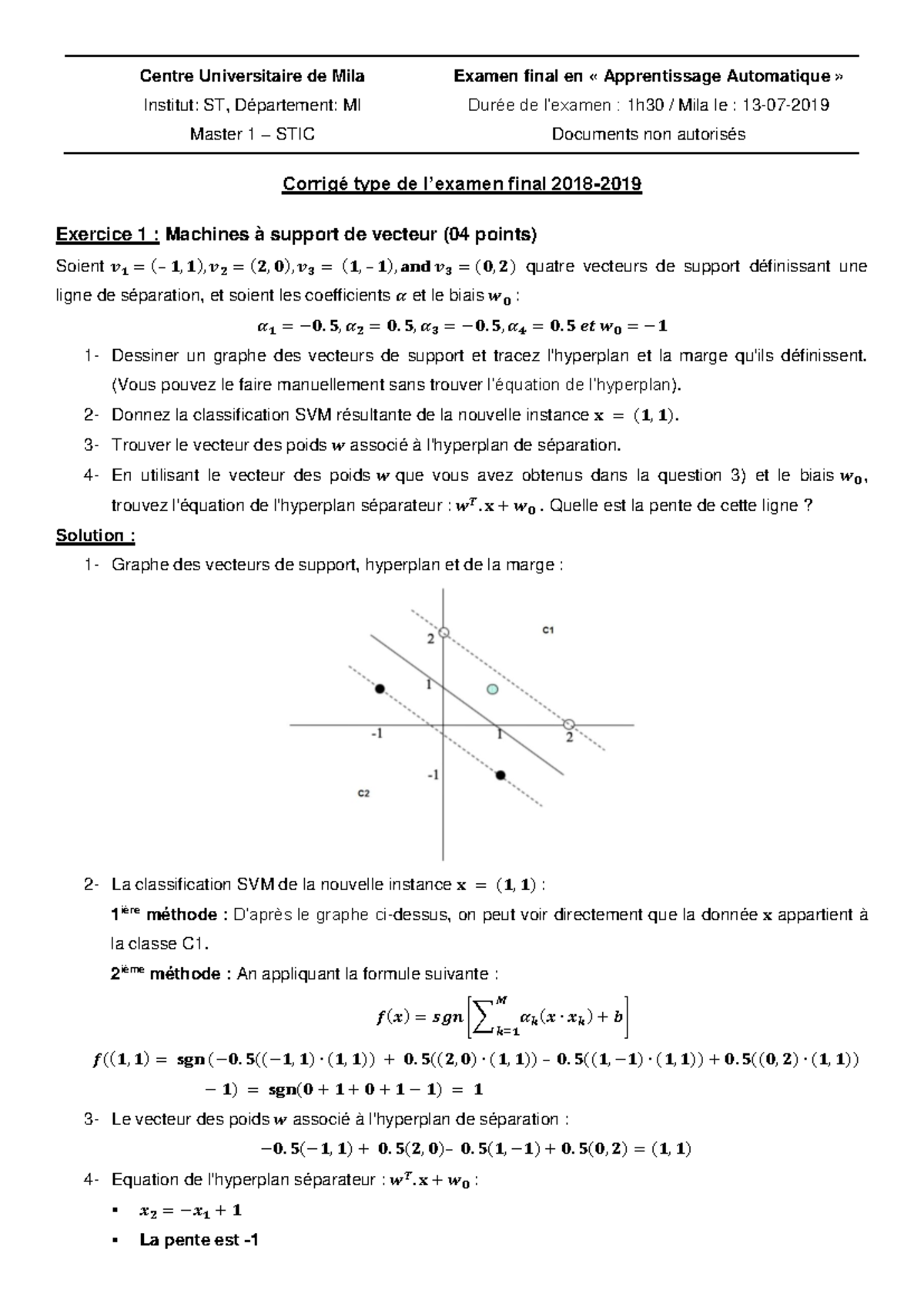 Corrigé Type Examen Final 2019 - Machine Learning (M1 STIC) - Studocu