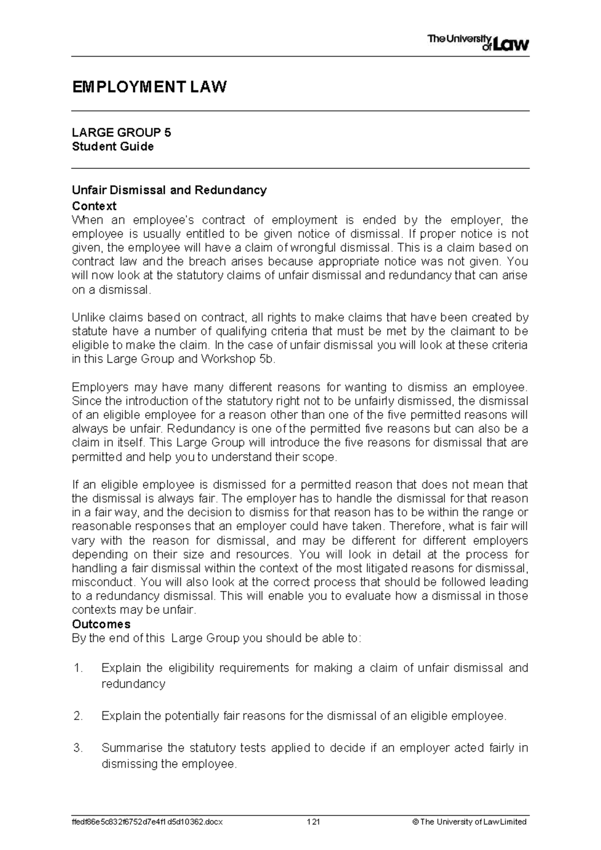 Employment Law LG05 CE01 Student Guide: Unfair Dismissal & Redundancy ...