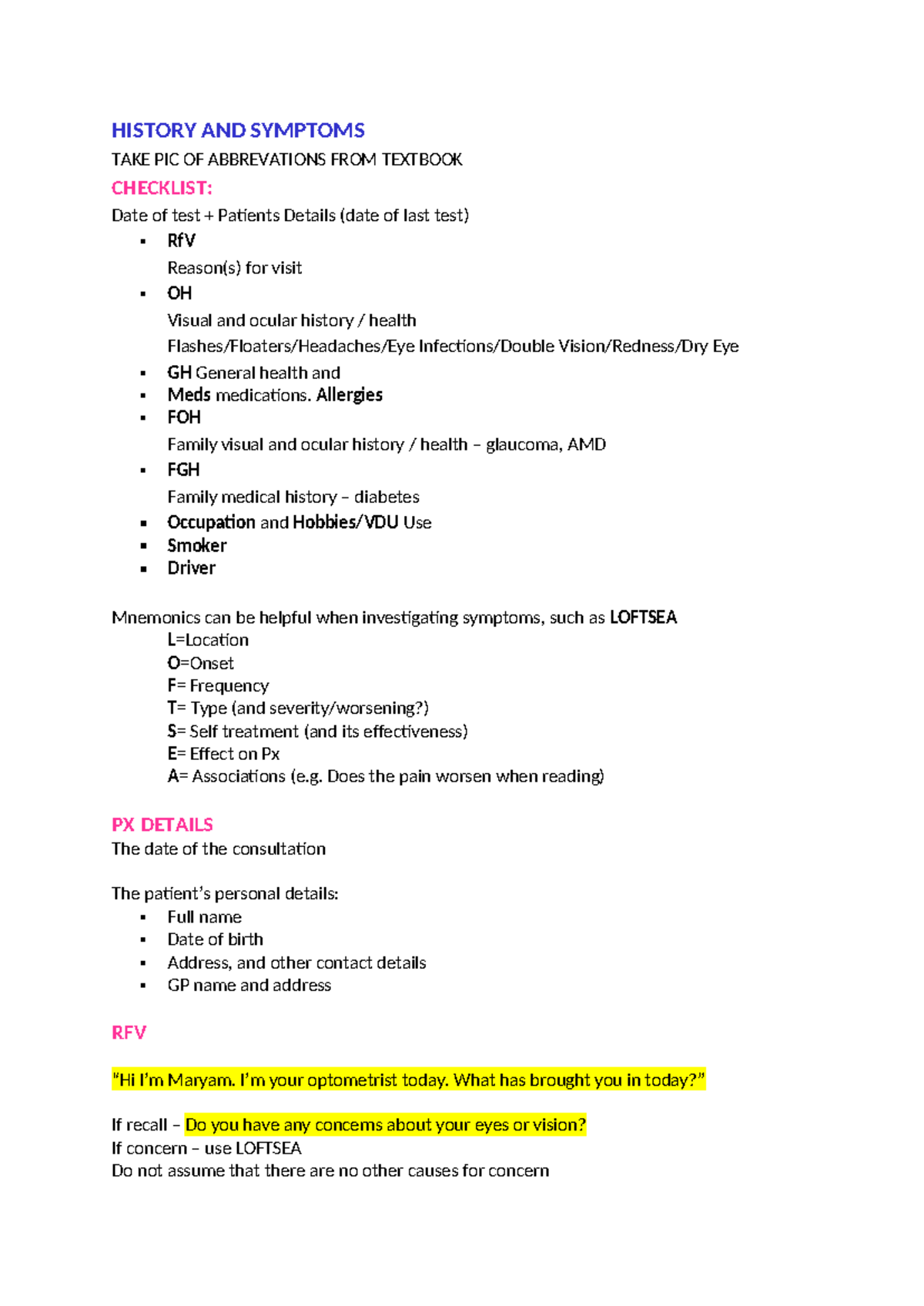 History and Symptoms: Sight Test Notes for Optometry Students - Studocu