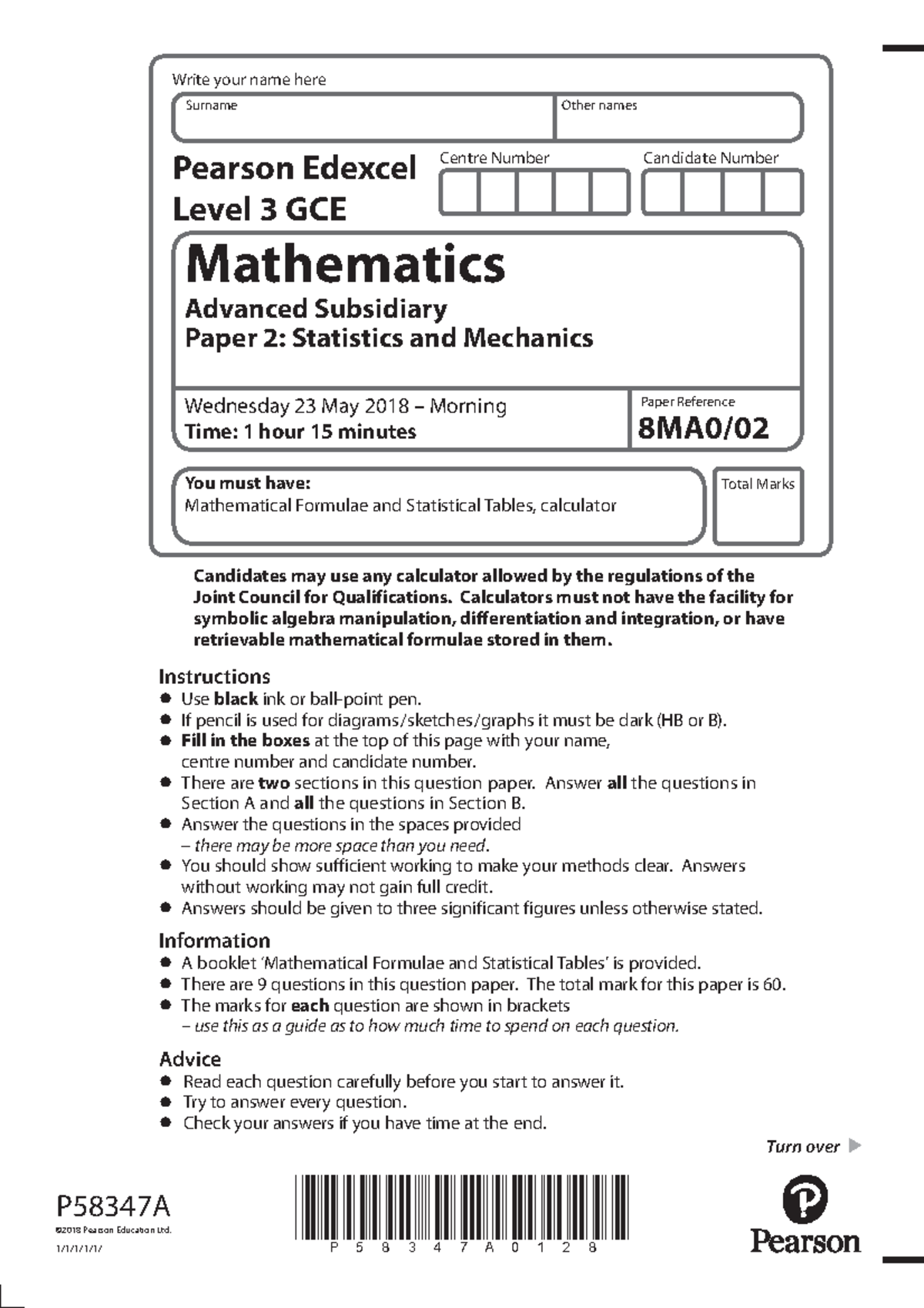 8MA0 02-Statistics-and-Mechanics - Centre Number Candidate Number Write ...