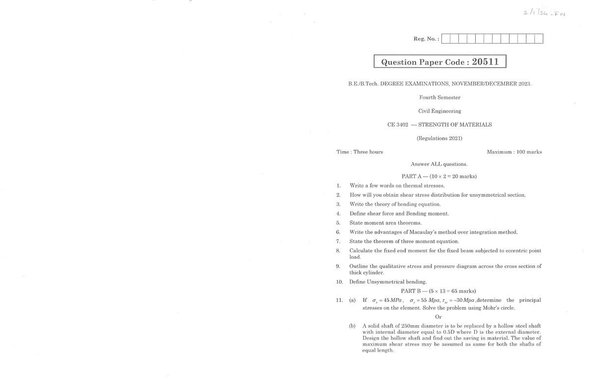 CE 3402 - Strength of Materials Final Exam QP 20511 - Nov 2023 - Studocu