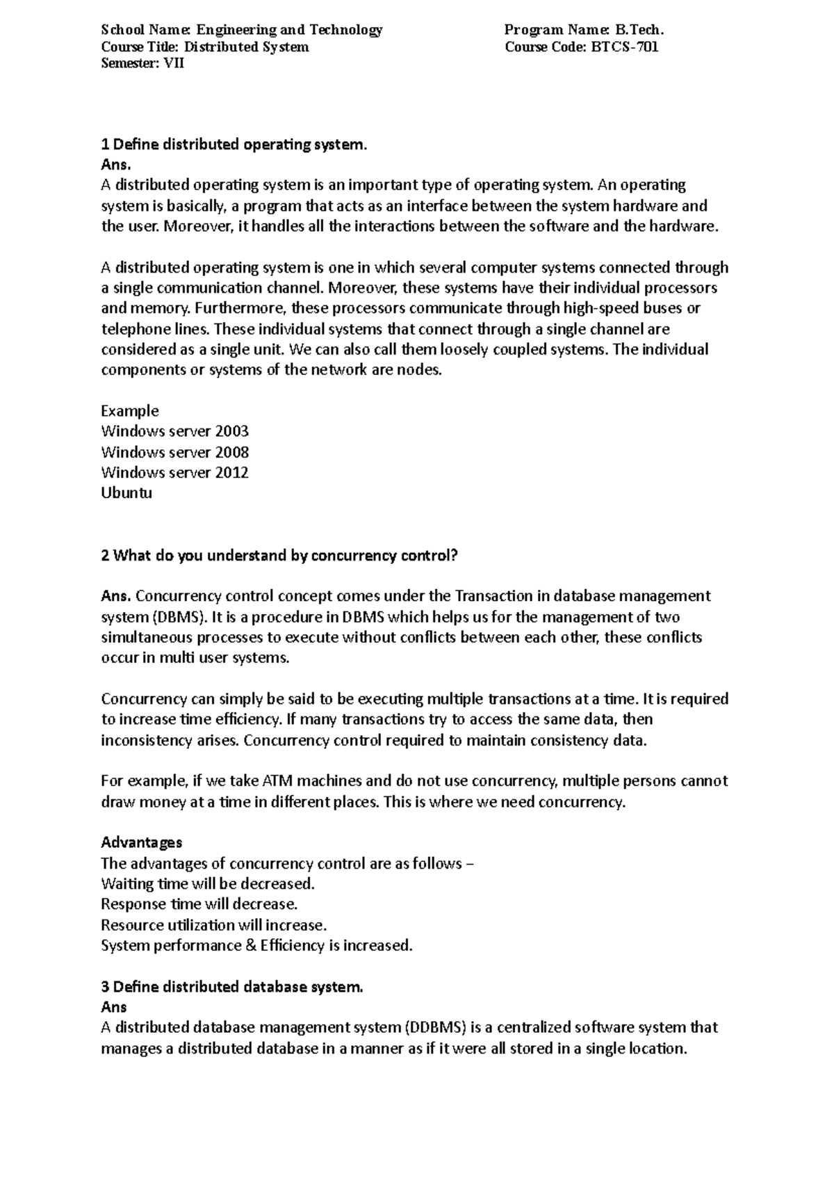Distributed System B.Tech. CSE -7sem-701 ANS - School Name: Engineering ...