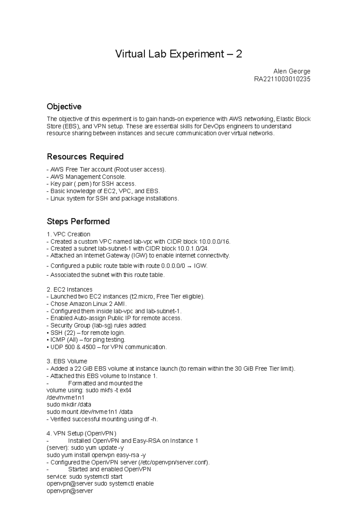 Virtual Lab Experiment 2: AWS Networking & VPN Setup RA2211003010235 ...
