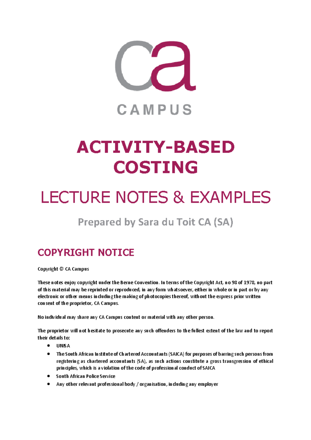 COSTING (ABC) LECTURE NOTES & EXAMPLES - CA Campus - Studocu