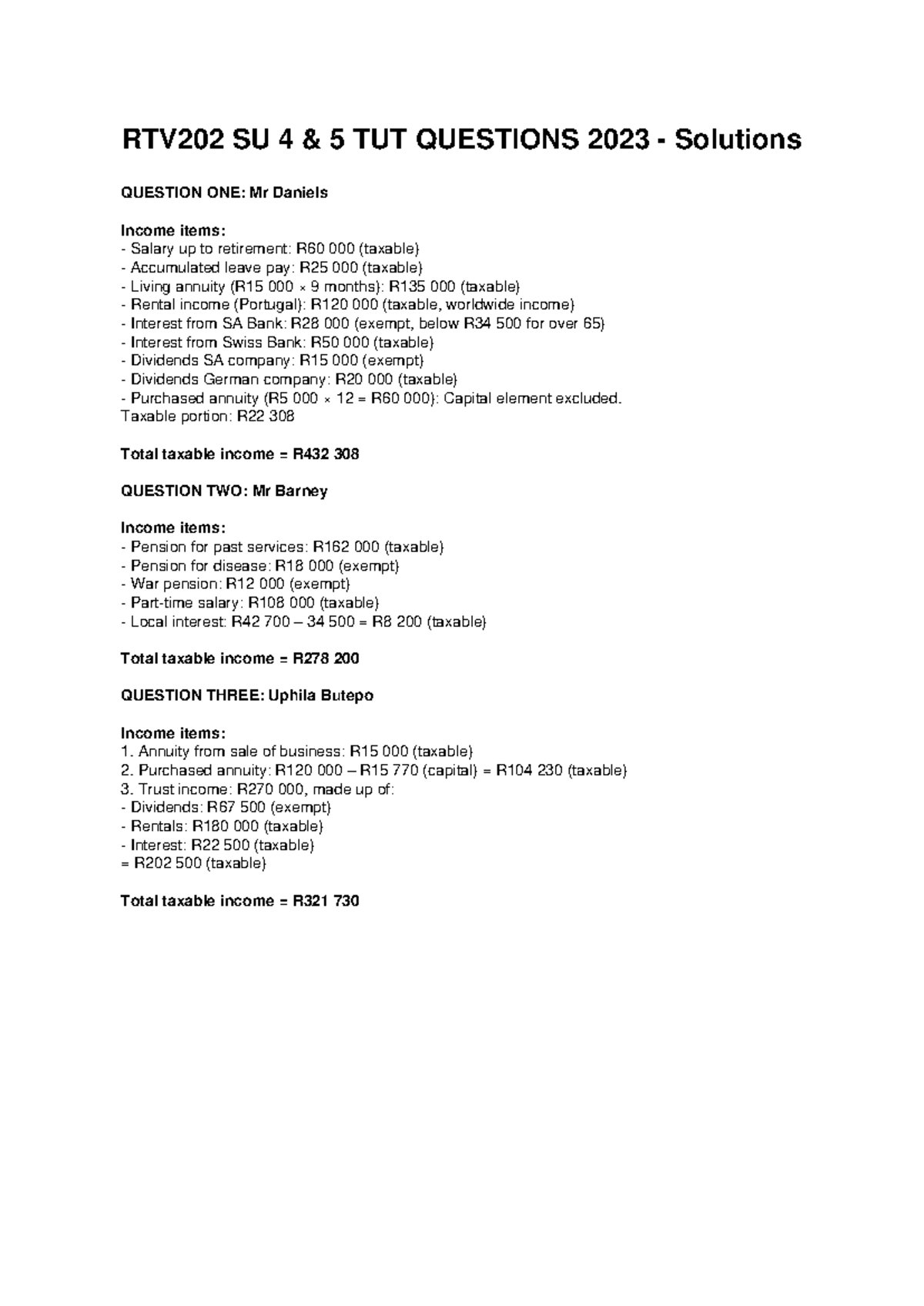 RTV202 Tax Calculations: Solutions to Tutorial Questions 2023 - Studocu