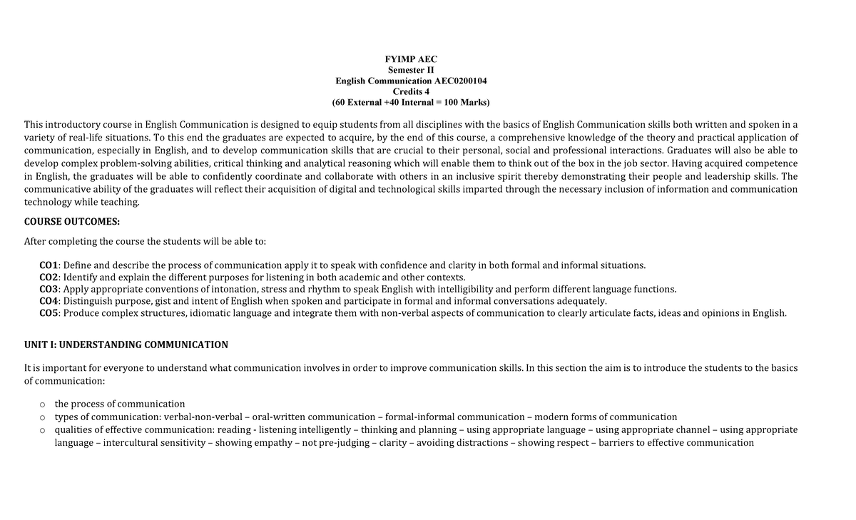 AEC0200104 2nd Sem Communicative English Course Overview and Outcomes ...