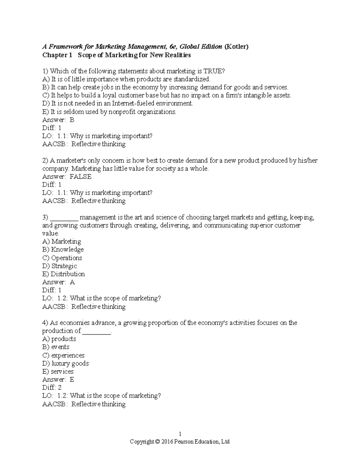 Test Bank for Marketing Management (15th Ed): Chapters 1-4 Insights ...