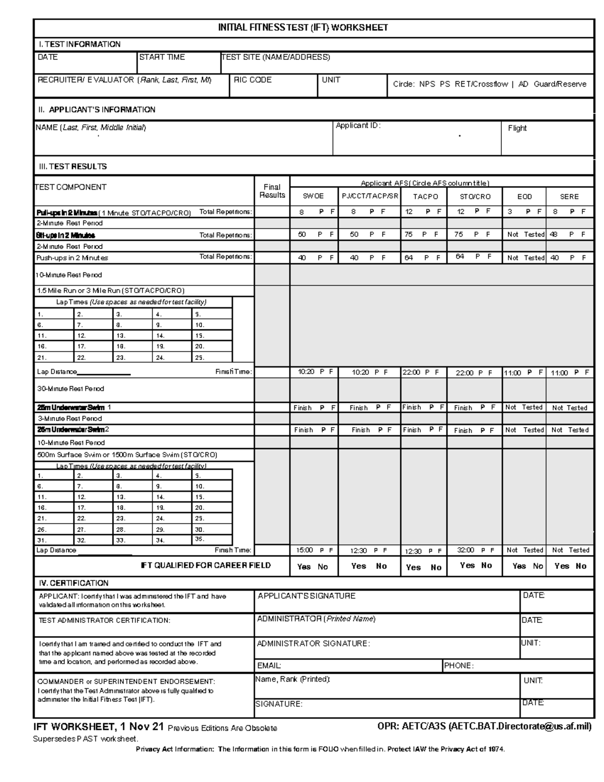 Initial Fitness Test (IFT) Worksheet - Test Results & Certification ...
