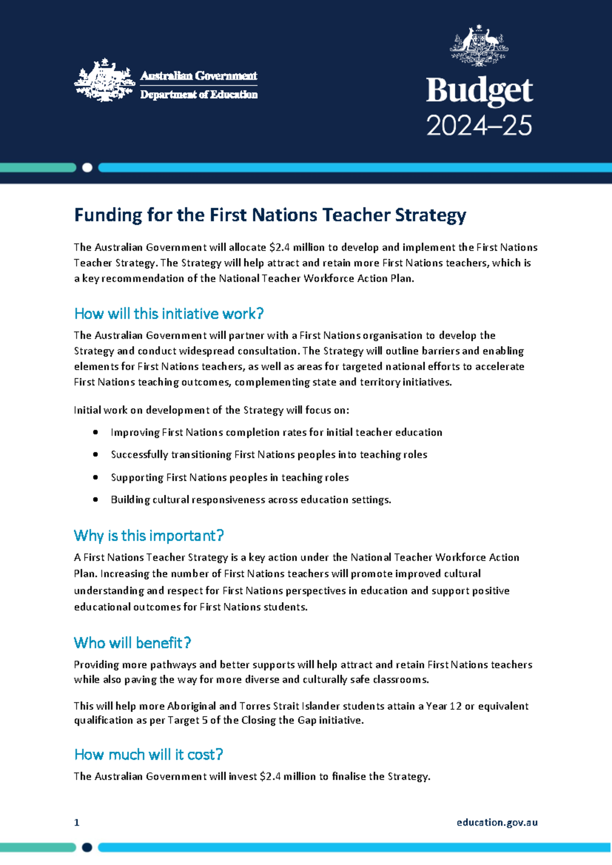240514 - Funding for the First Nations Teacher Strategy Overview - Studocu