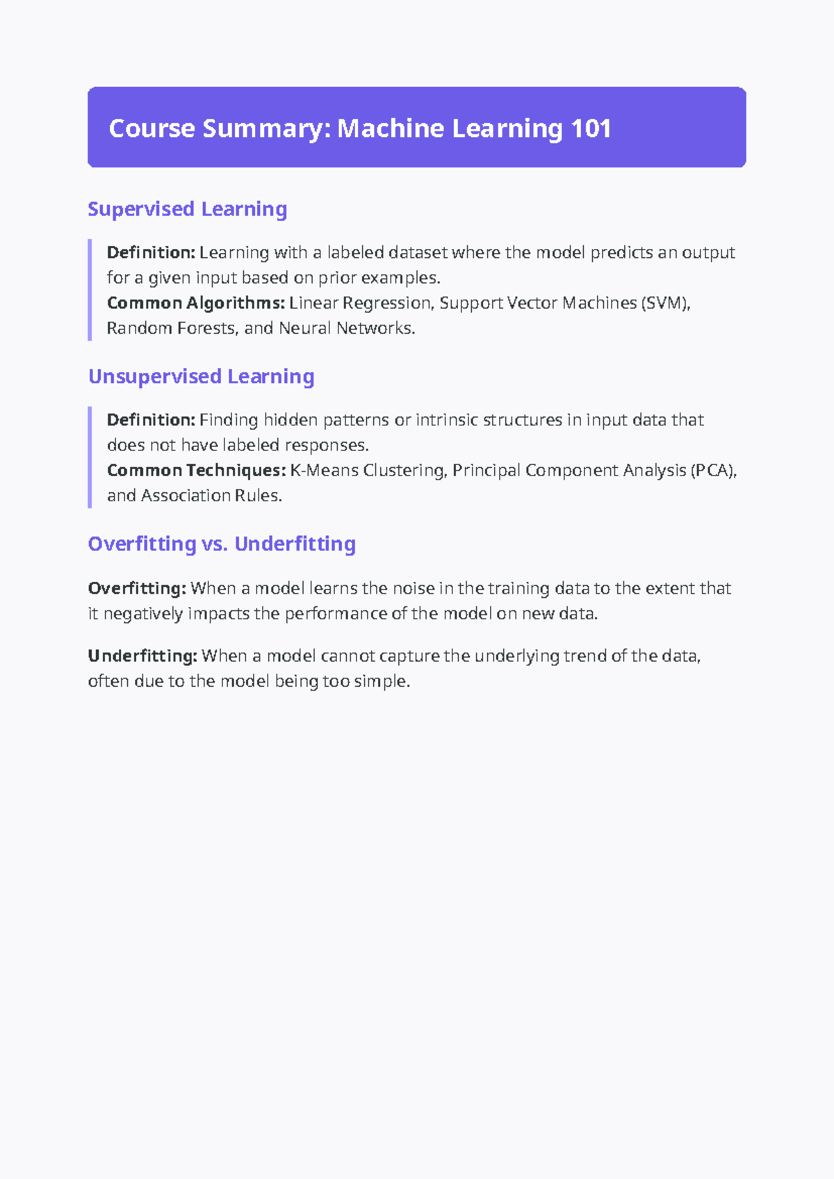 ML 101 Course Summary: Supervised & Unsupervised Learning - Studocu