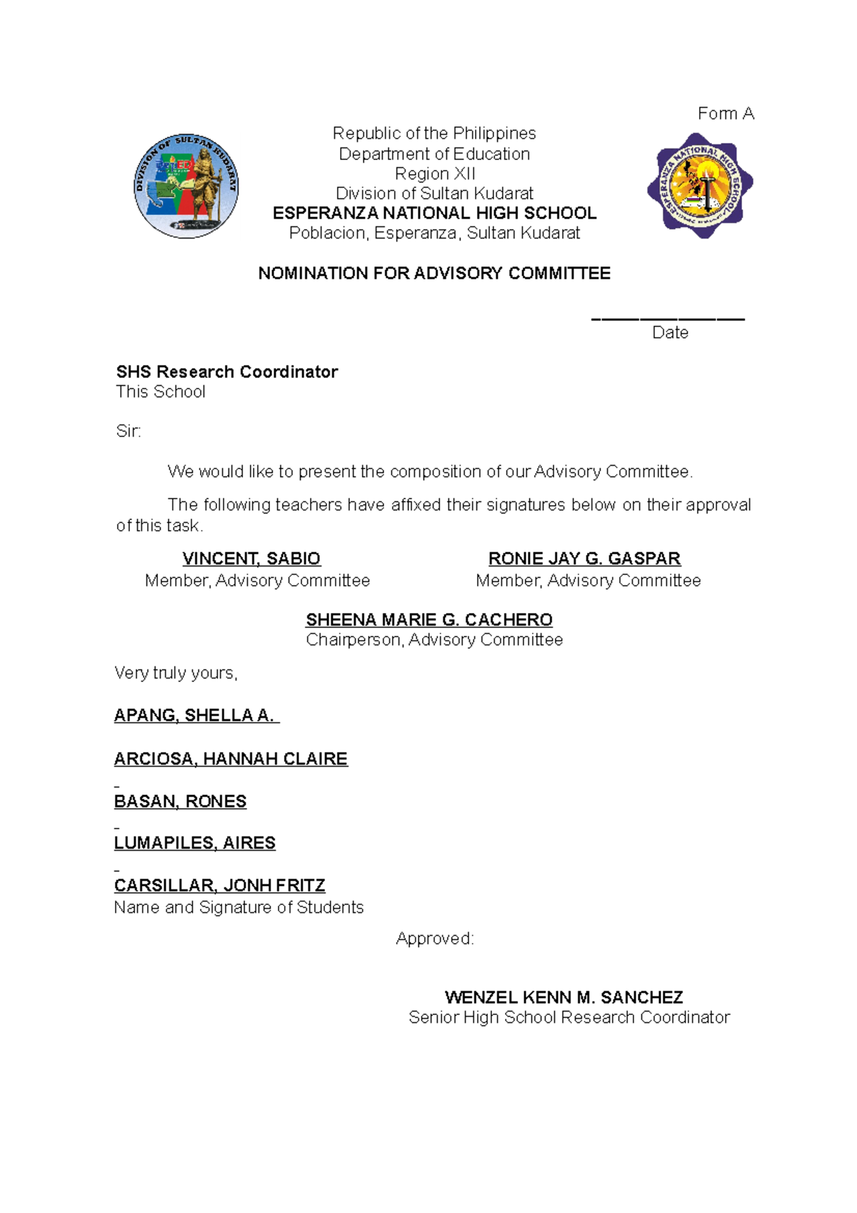 Senior HIGH School Research Forms - Form A Republic of the Philippines ...