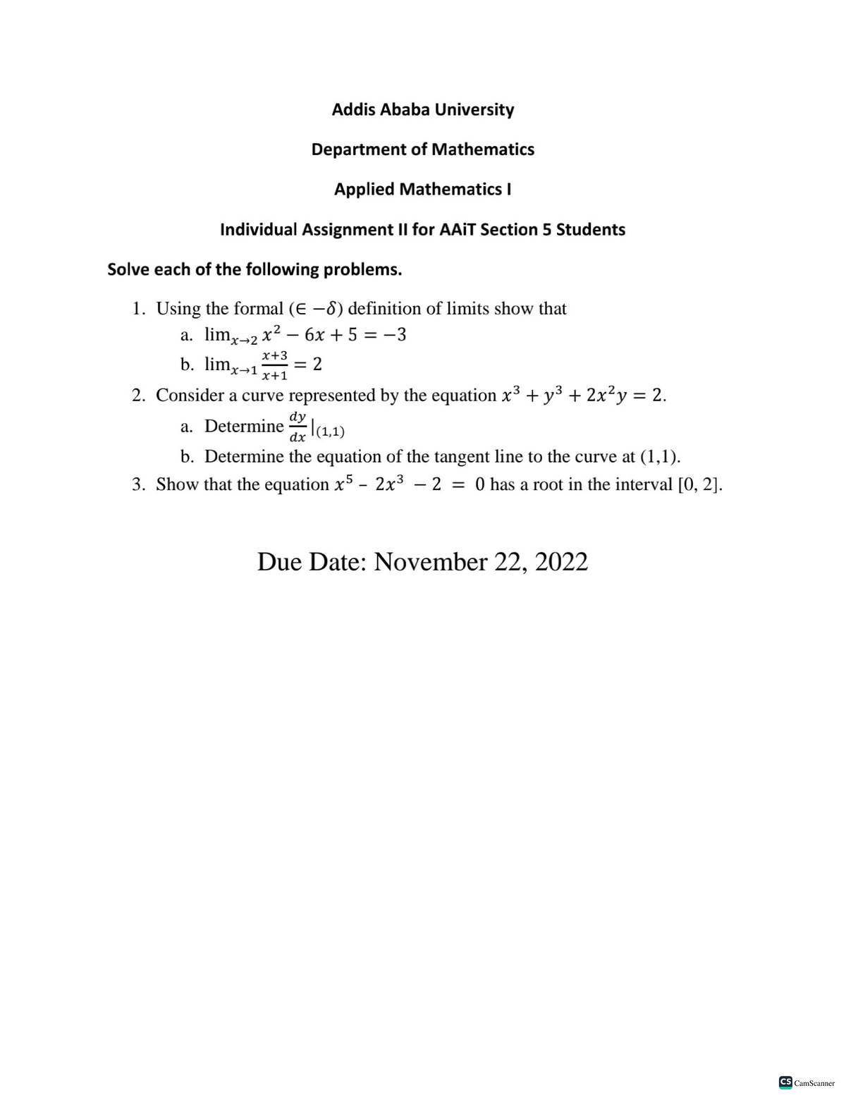 Applied Math IAssignment II - Addis Ababa University Department of ...