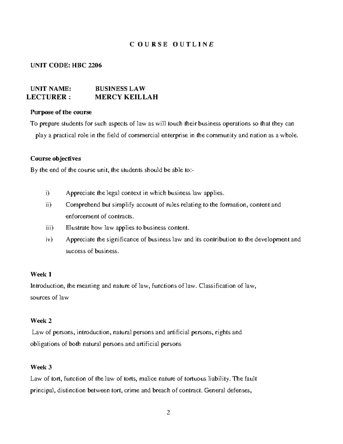 HBC 2206 Business Law Course Outline and Key Concepts - Studocu