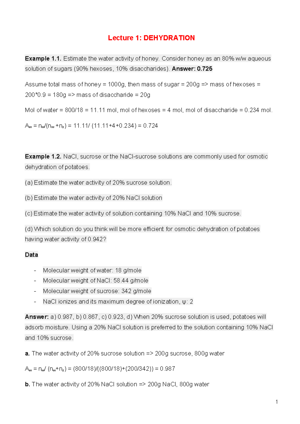 Lecture 1: Dehydration Examples and Water Activity Calculations - Studocu