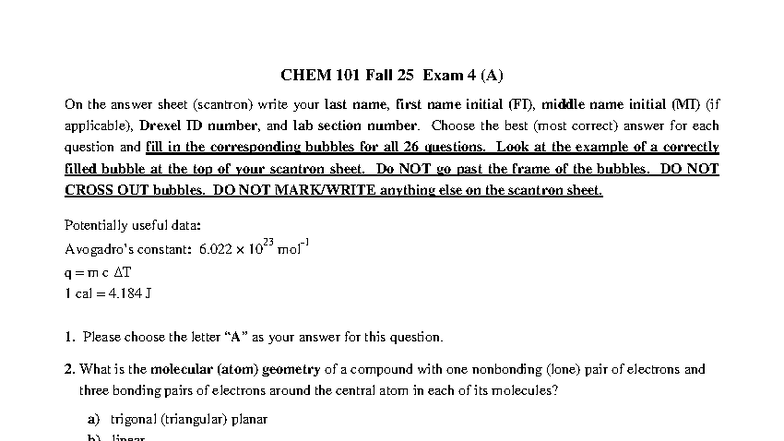 CHEM 101 Fall 25 Exam 4 Review and Answer Key - Studocu