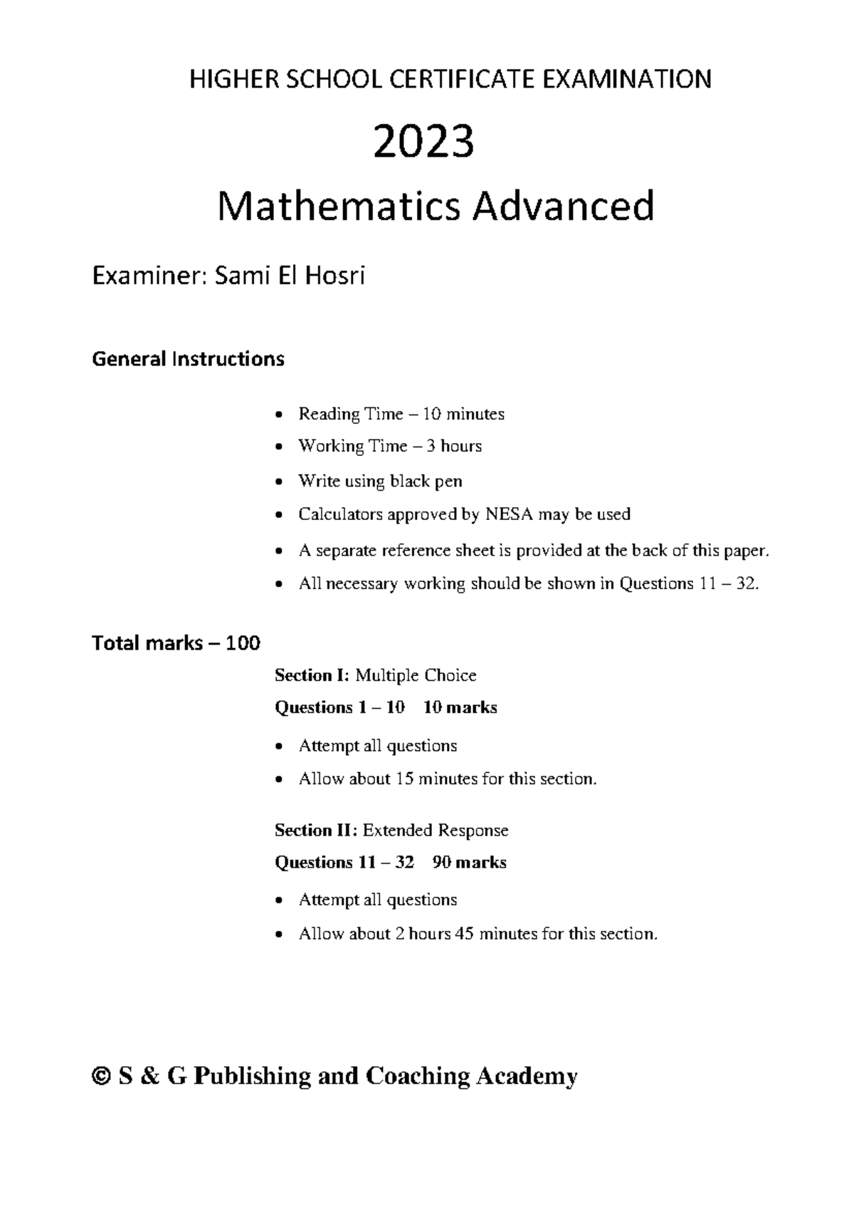 SG 2023 Mathematics Advanced Year 12 Trial Exam Solutions - Studocu