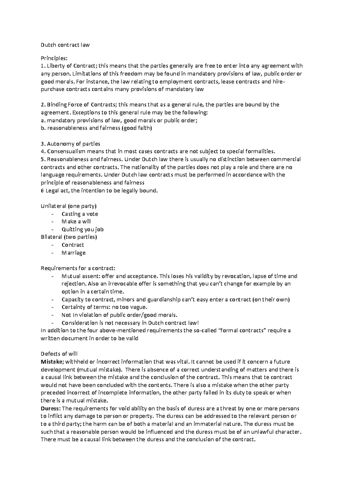 Lecture 5 Notes on Dutch Contract Law - Economics and Law Course ...