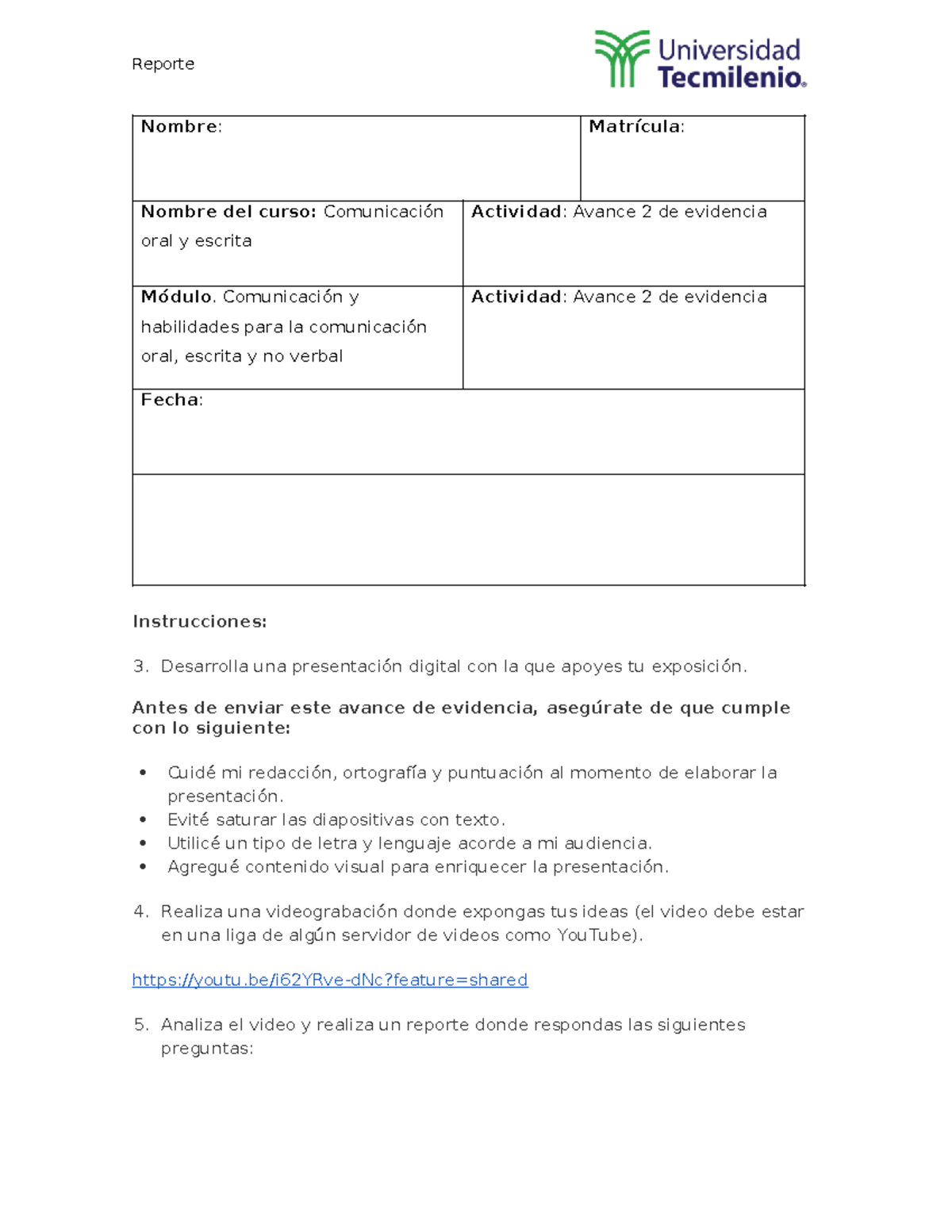 Act 2. Avance 2 COE - Reporte Nombre: Matrícula: Nombre del curso ...
