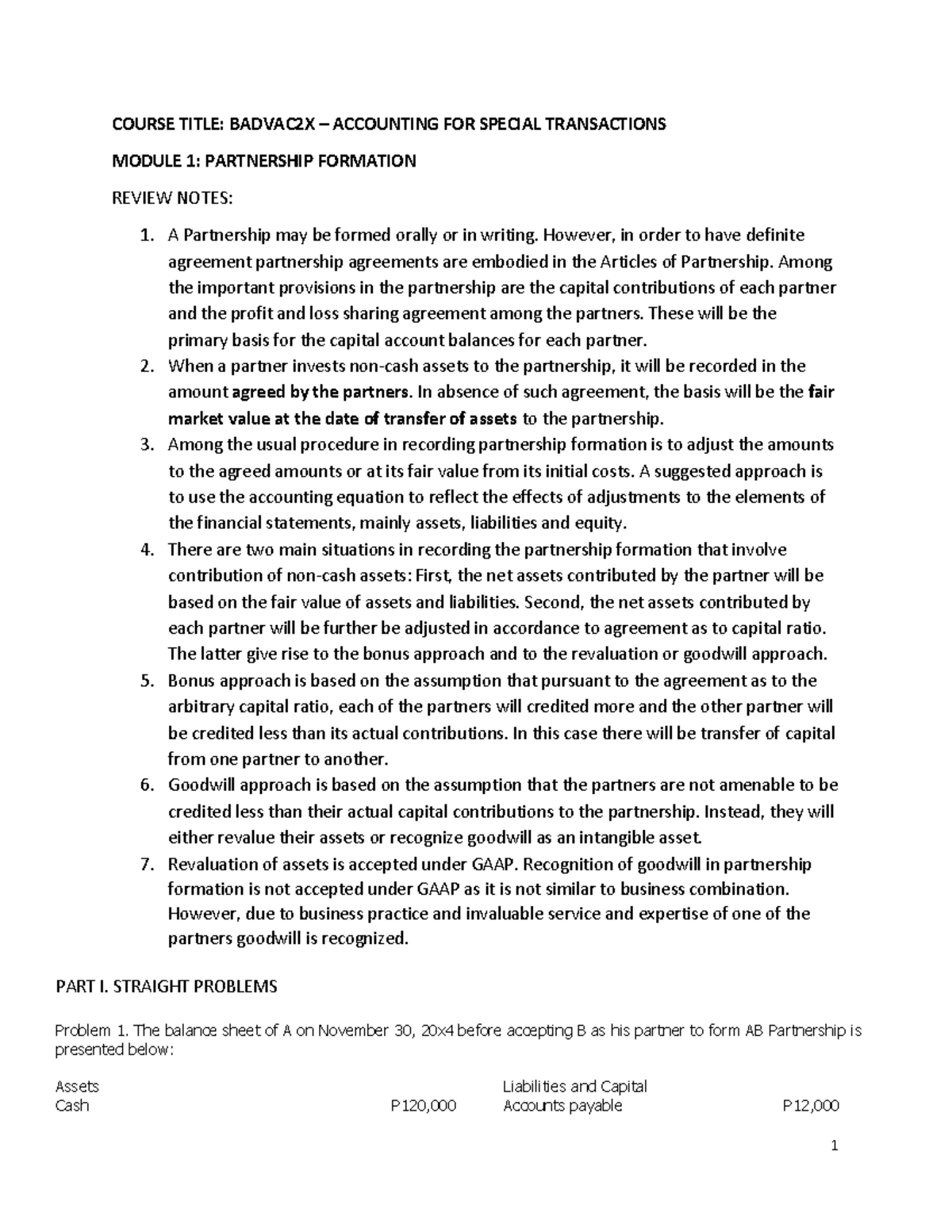 Advanced Accounting 2: Partnership Formation Notes and Problems - Studocu