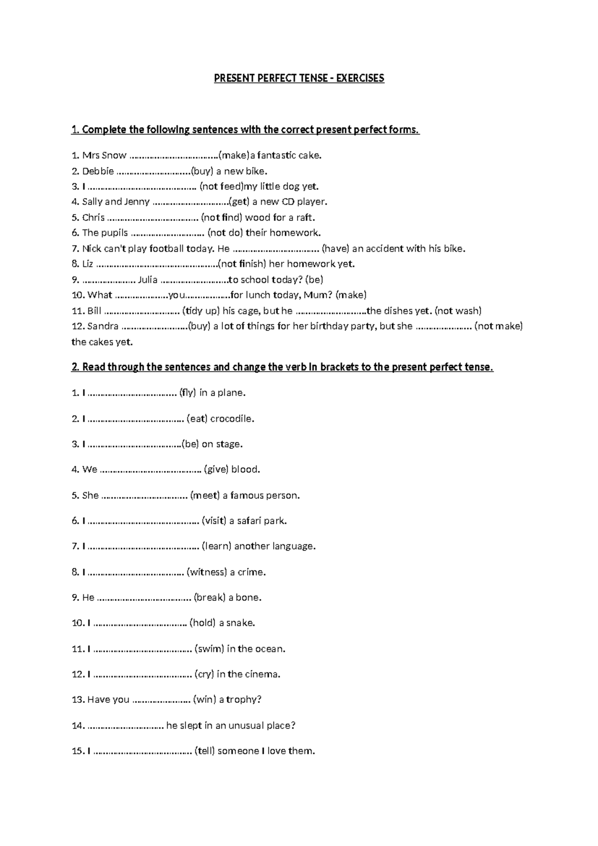Present Perfect Tense Exercises - English Practice - Studocu