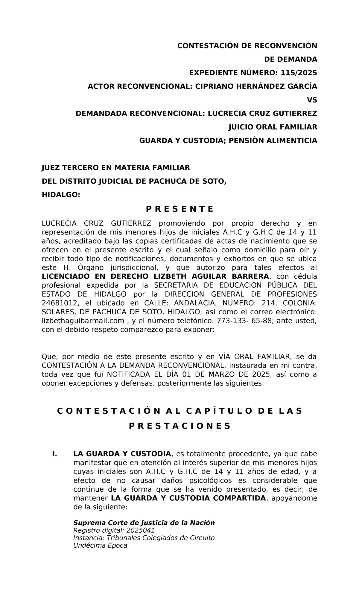 Contestación a la Demanda Reconventional en Juicio Oral Familiar - Studocu