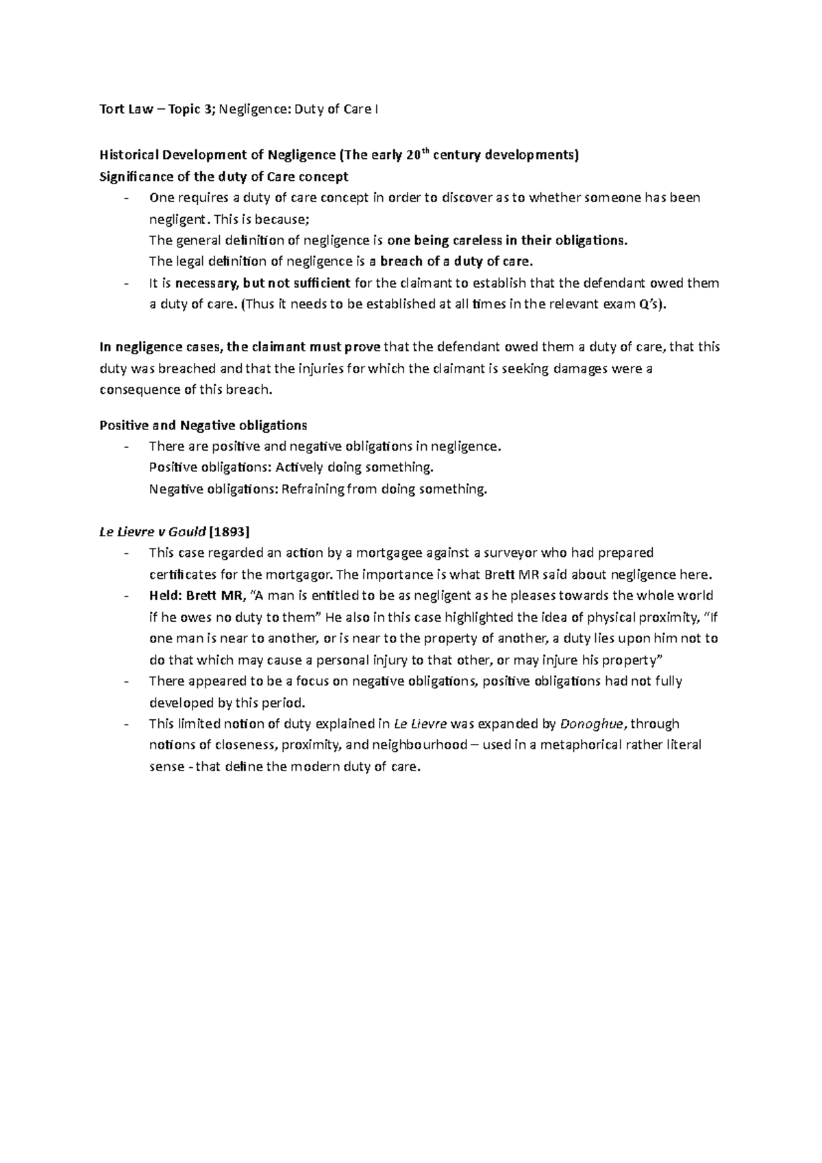 Tort Law - Topic 3: Understanding Negligence and Duty of Care I - Studocu