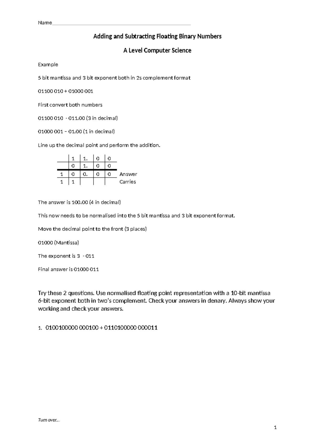 A Level Computer Science: Adding & Subtracting Floating Binary Numbers ...