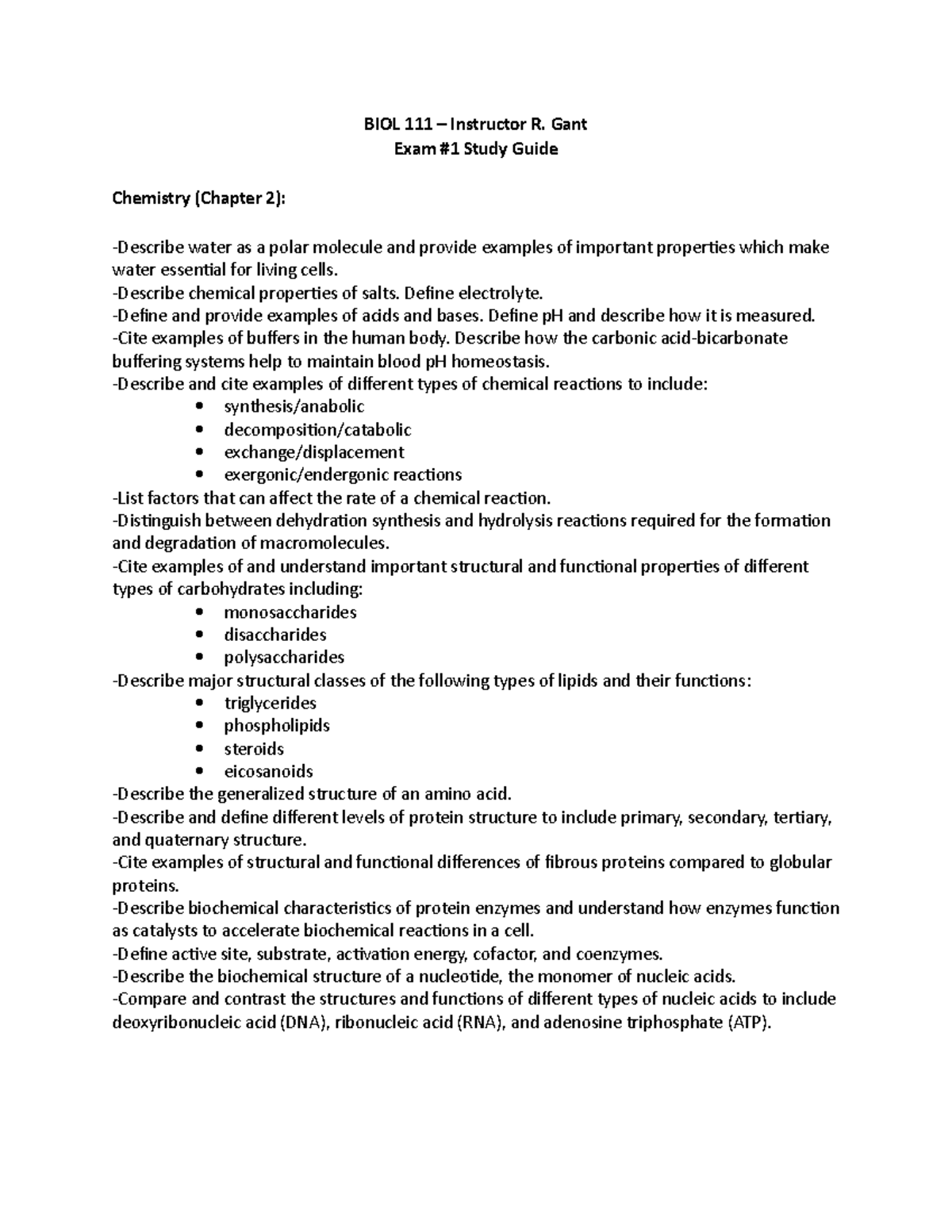 BIOL 111 Exam 1 Study Guide - Key Concepts in Chemistry - Studocu