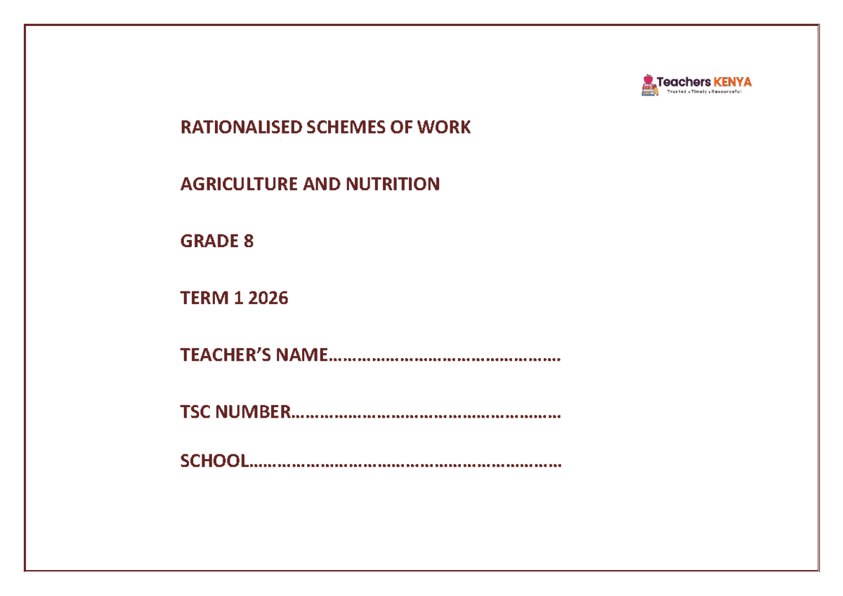 TERM 1 2026 GRADE 8 AGRICULTURE & NUTRITION SCHEMES OF WORK - Studocu