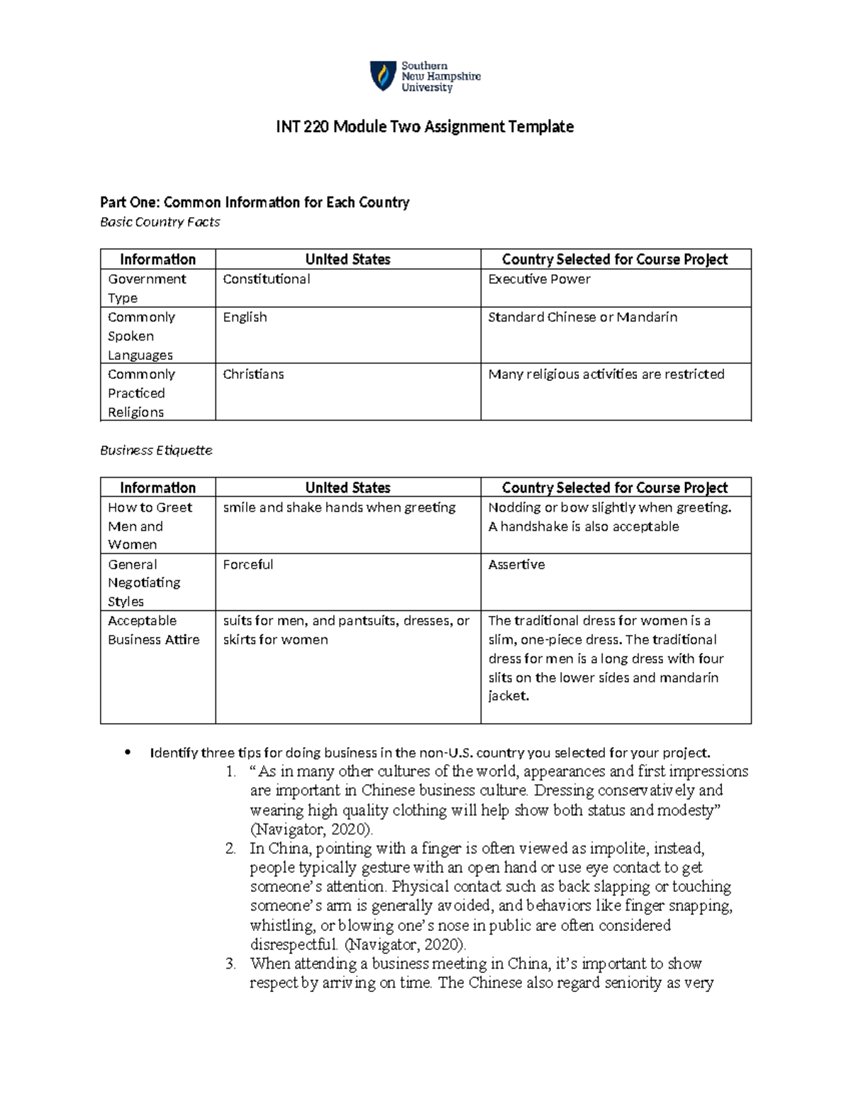 INT 220 Module Two Assignment: Country Comparison & Business Etiquette ...