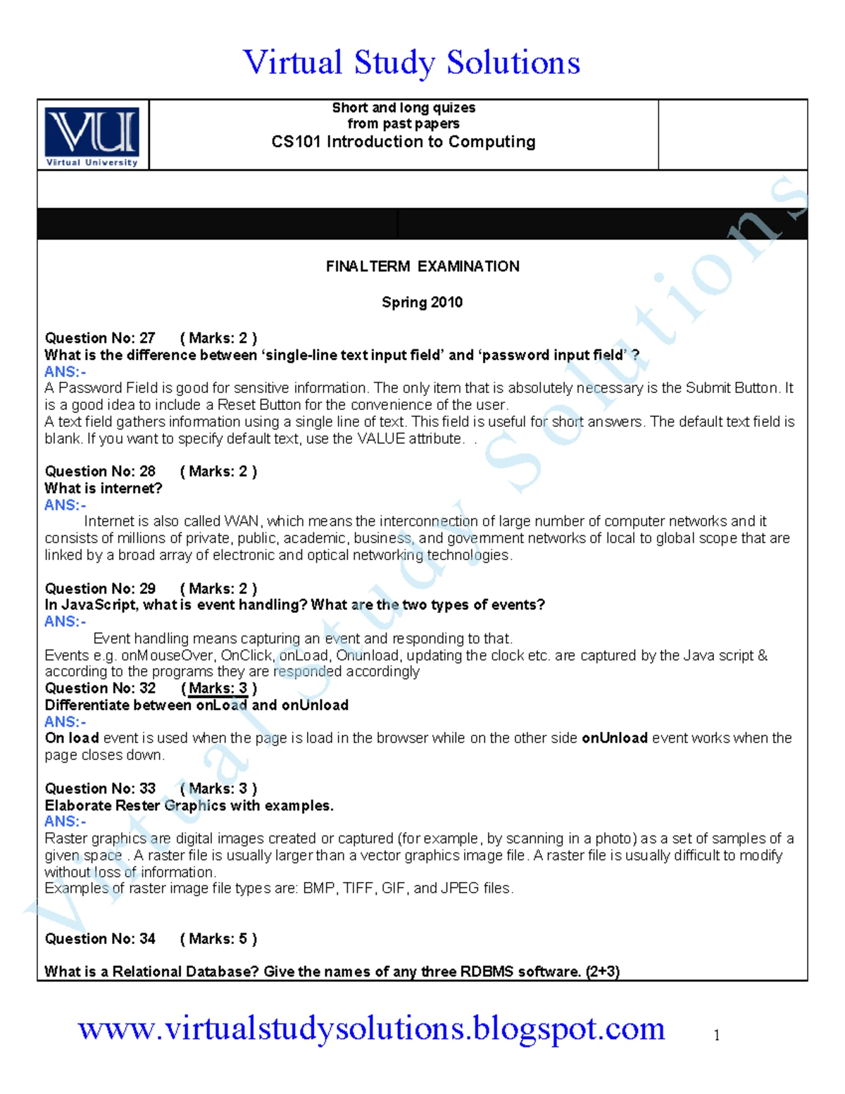 CS101 Mid Term MCQs With Reference Solved - CS101 - Introduction to ...