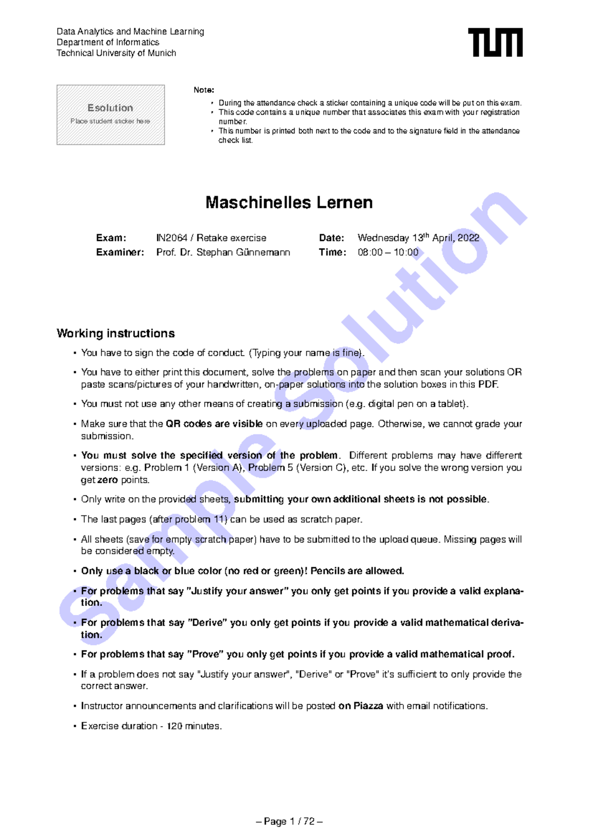 IN2064 Data Analytics & Machine Learning Retake Exam Instructions - Studocu
